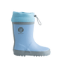 Grubbybub kids gumboots are a good splash above your regular gumboot. Side view with logo and pull string toggles in our blue clear skies colour our rubber kids gumboots will definitely keep your kids fee dry.