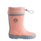 Grubbybub kids gumboots are a good splash above your regular gumboot. Side view with logo and pull string toggles in our pink Just Peachy colour our rubber kids gumboots will definitely keep your kids fee dry.