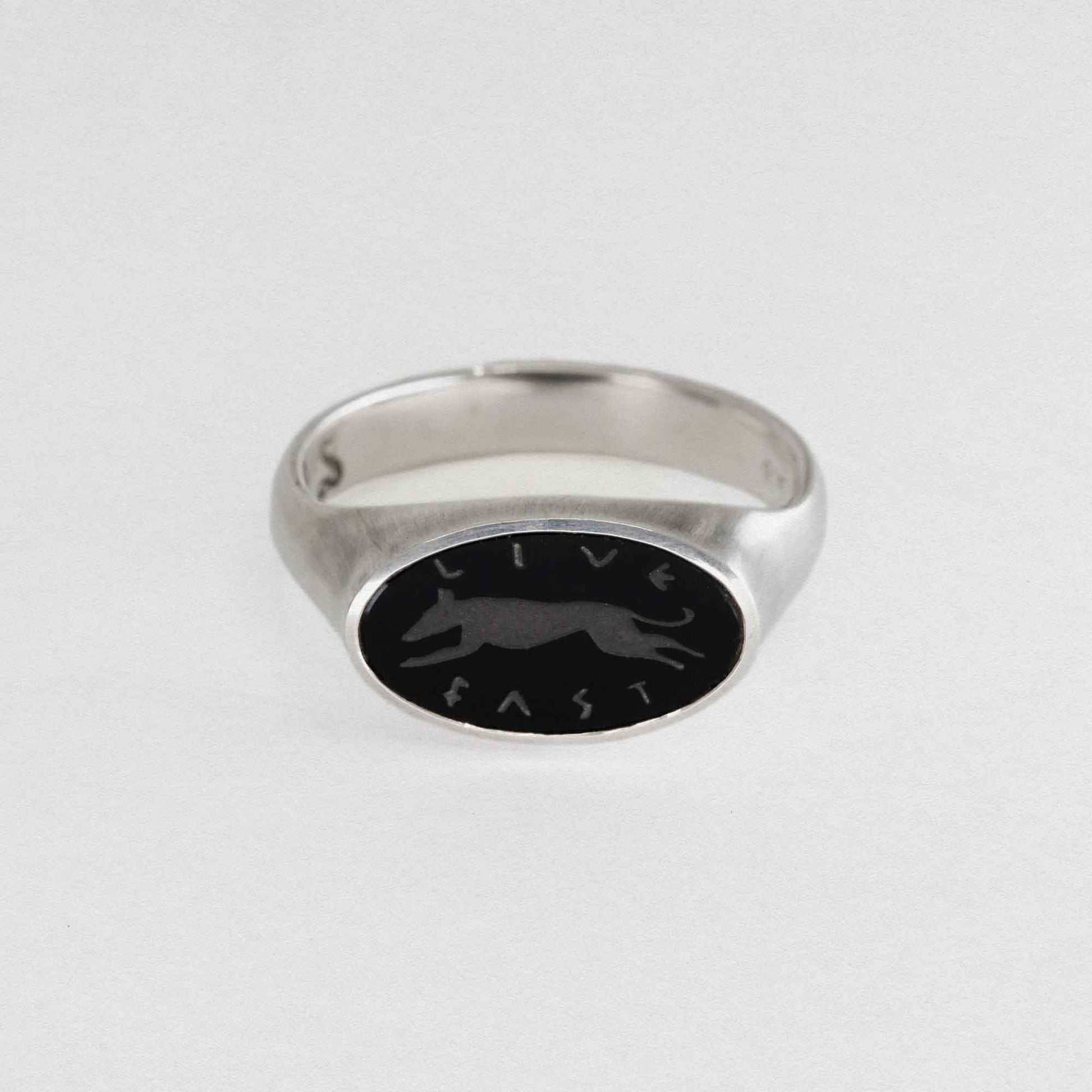 Silver Signet Ring With Greyhound Engraving On A Black Onyx Stone