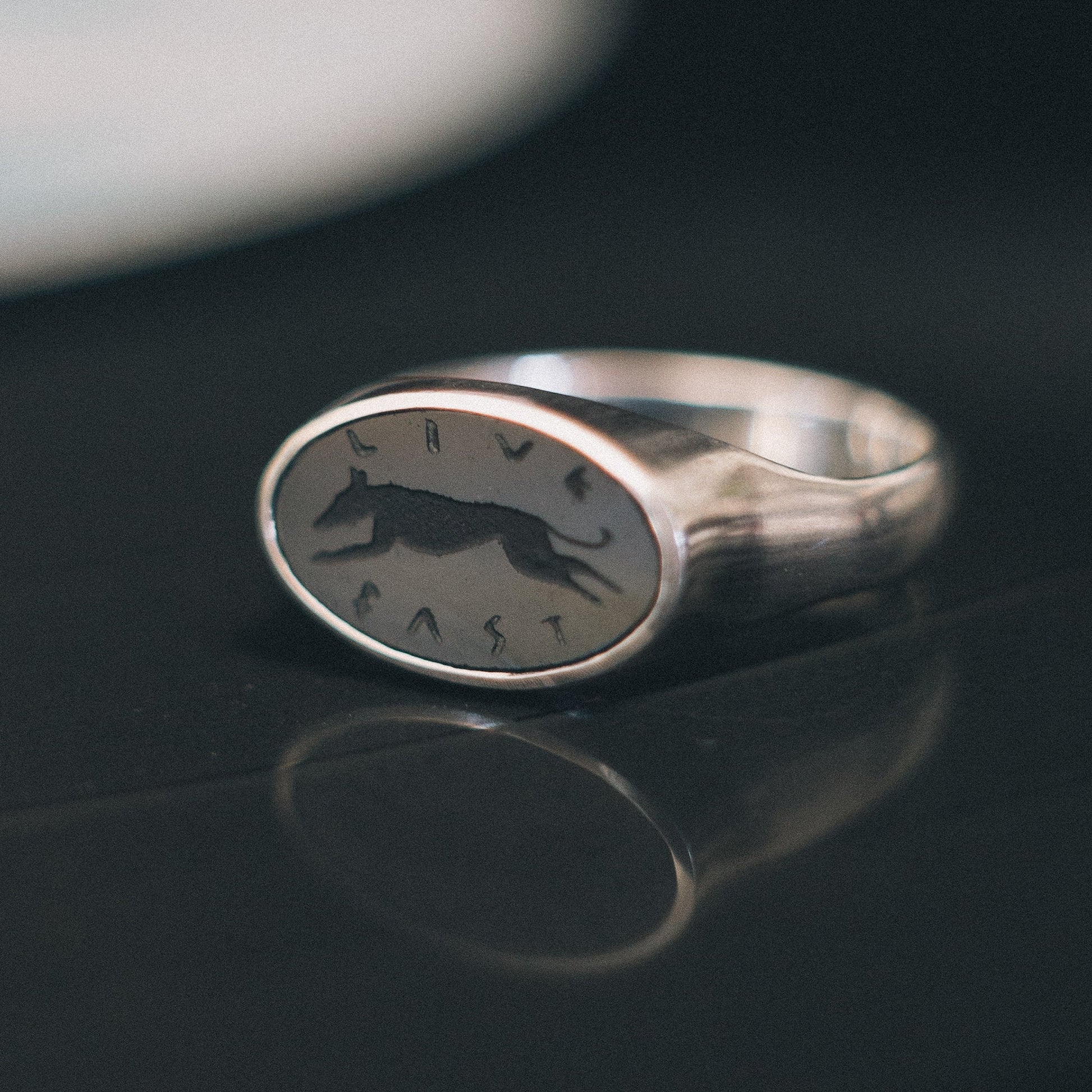 Silver Signet Ring With Greyhound Engraving On A Black Onyx Stone
