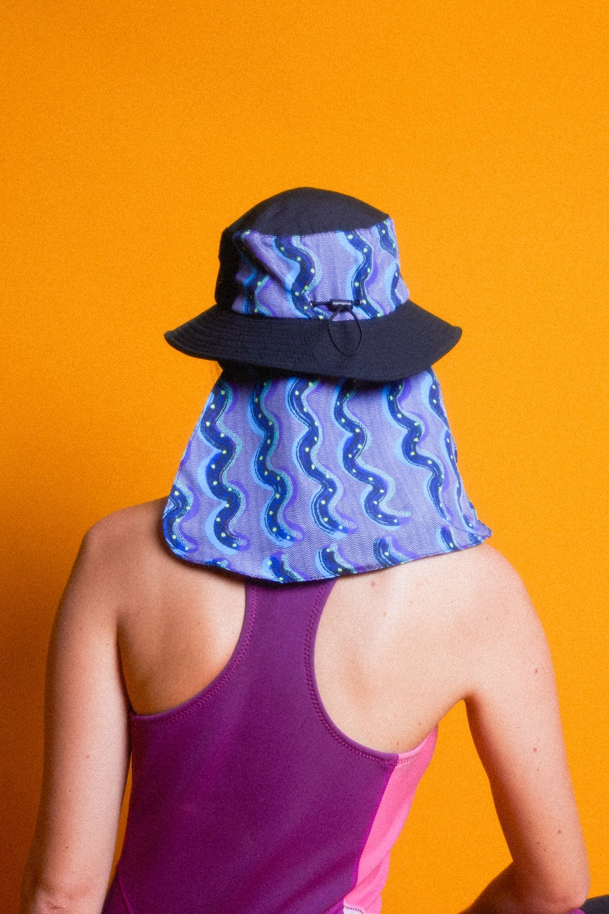 Blue and purple squiggle print surf hat with neck flap - El Dingo