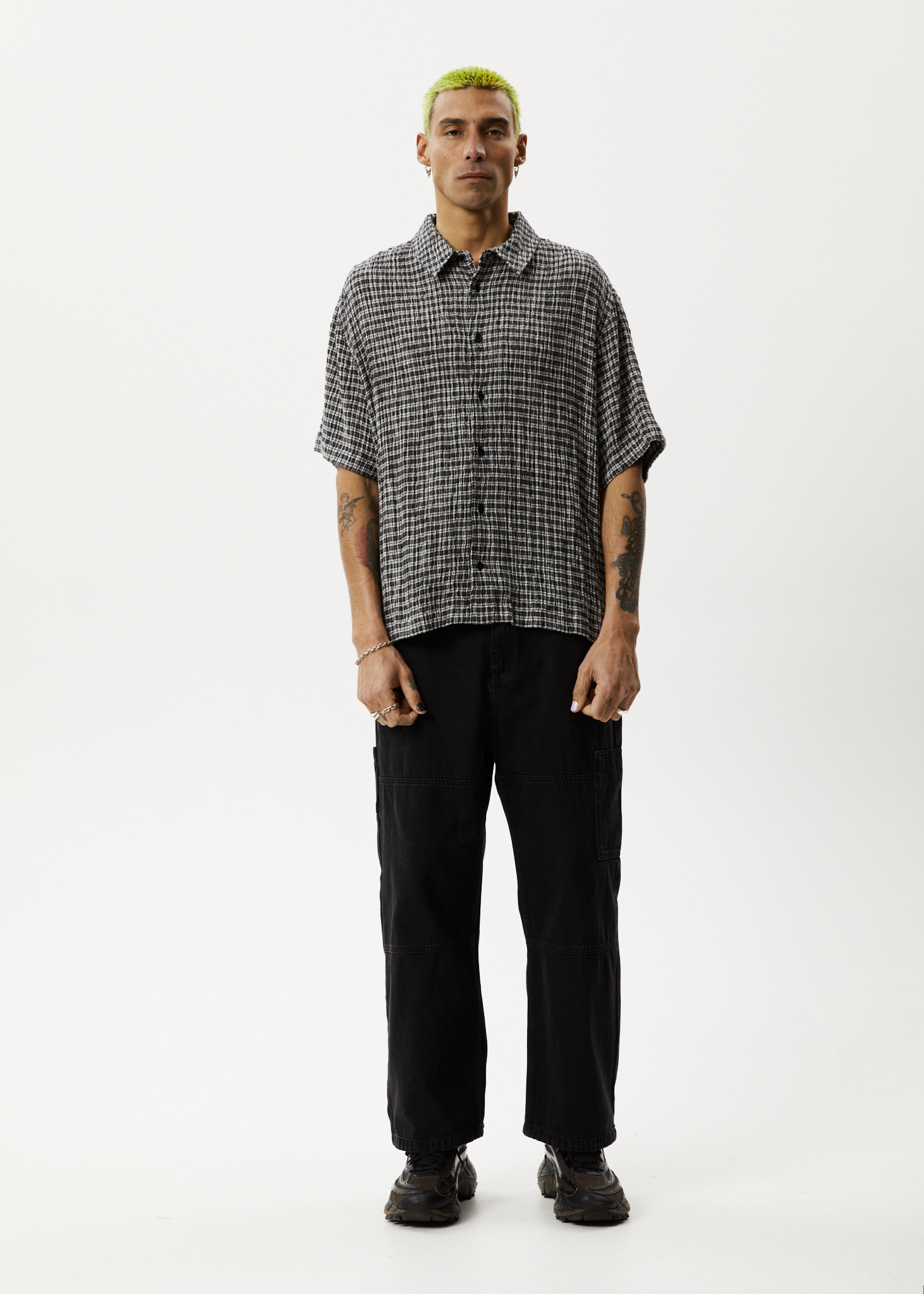 Afends Mens Asta - Seersucker Cuban Short Sleeve Shirt - Steel Check 