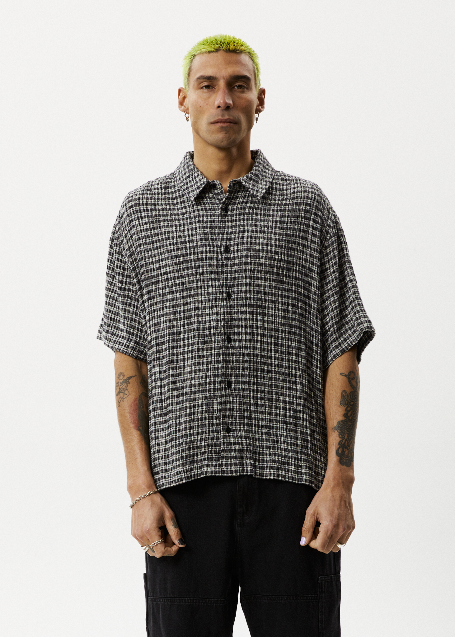 Afends Mens Asta - Seersucker Cuban Short Sleeve Shirt - Steel Check 