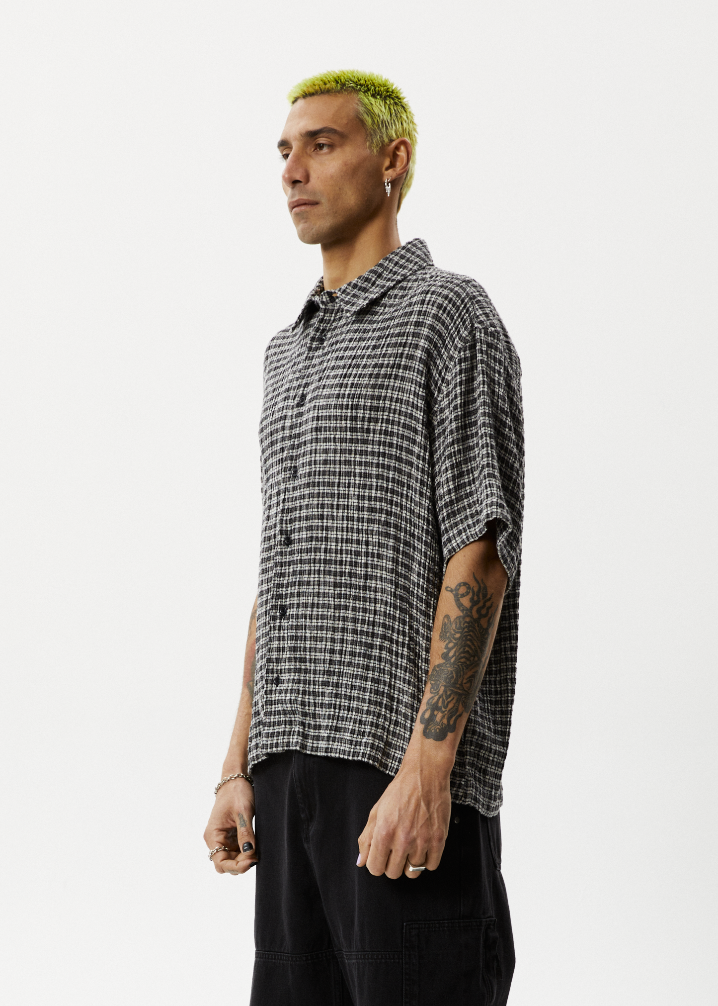 Afends Mens Asta - Seersucker Cuban Short Sleeve Shirt - Steel Check 