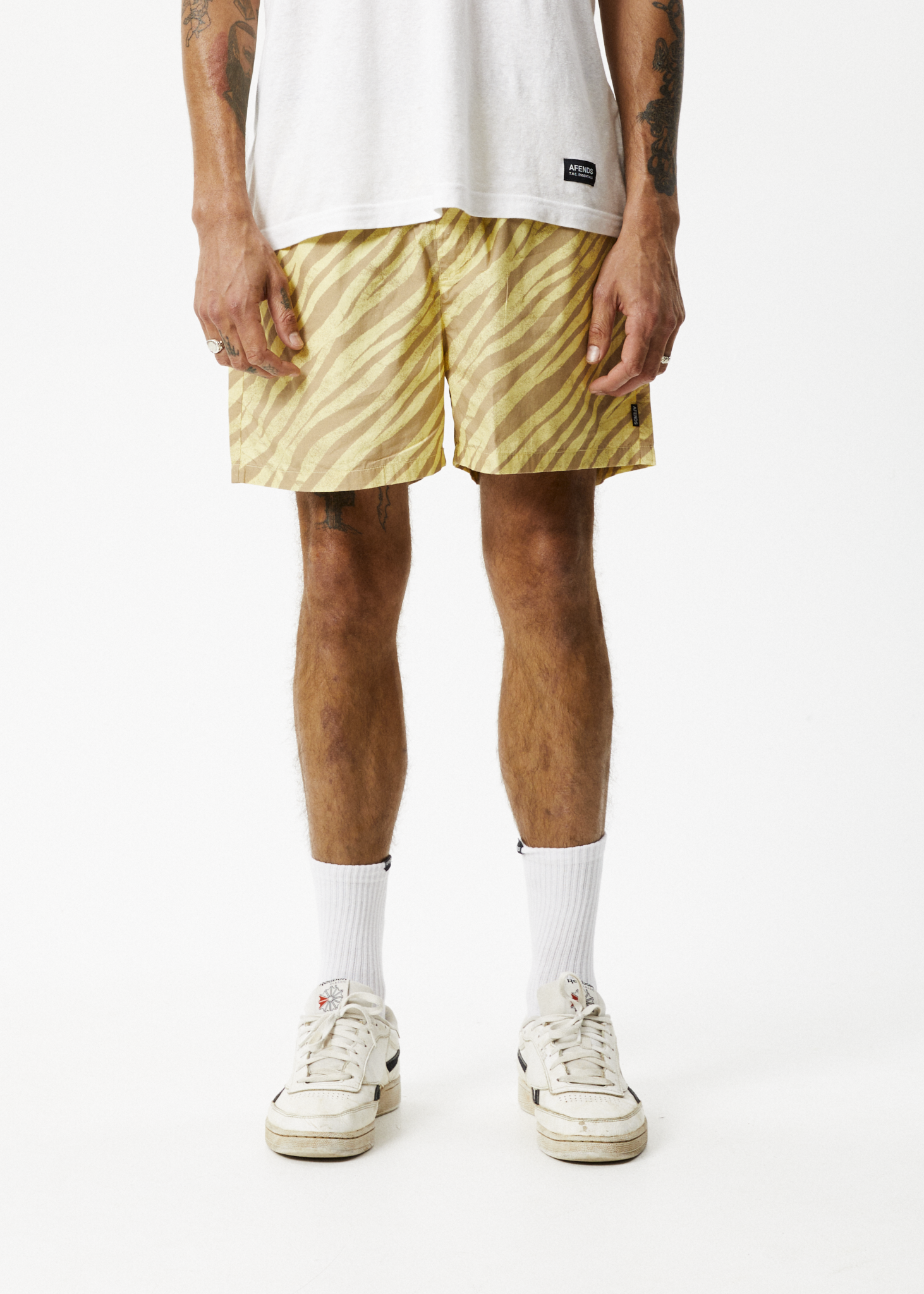 Afends Mens Baywatch Atmosphere - Organic Elastic Waist Shorts - Butter Stripe 