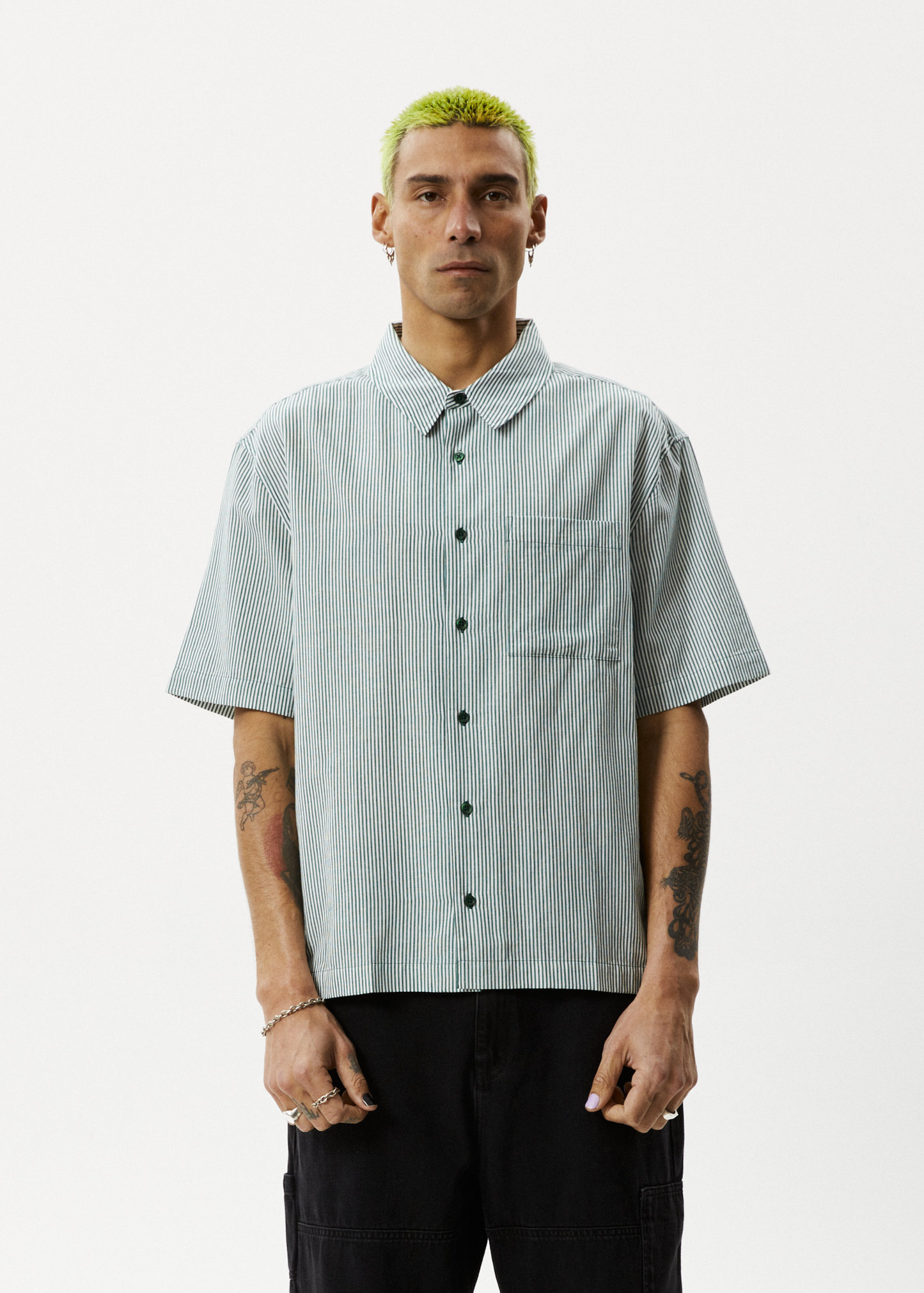 Afends Mens Intergalactic - Short Sleeve Shirt - Emerald Stripe 