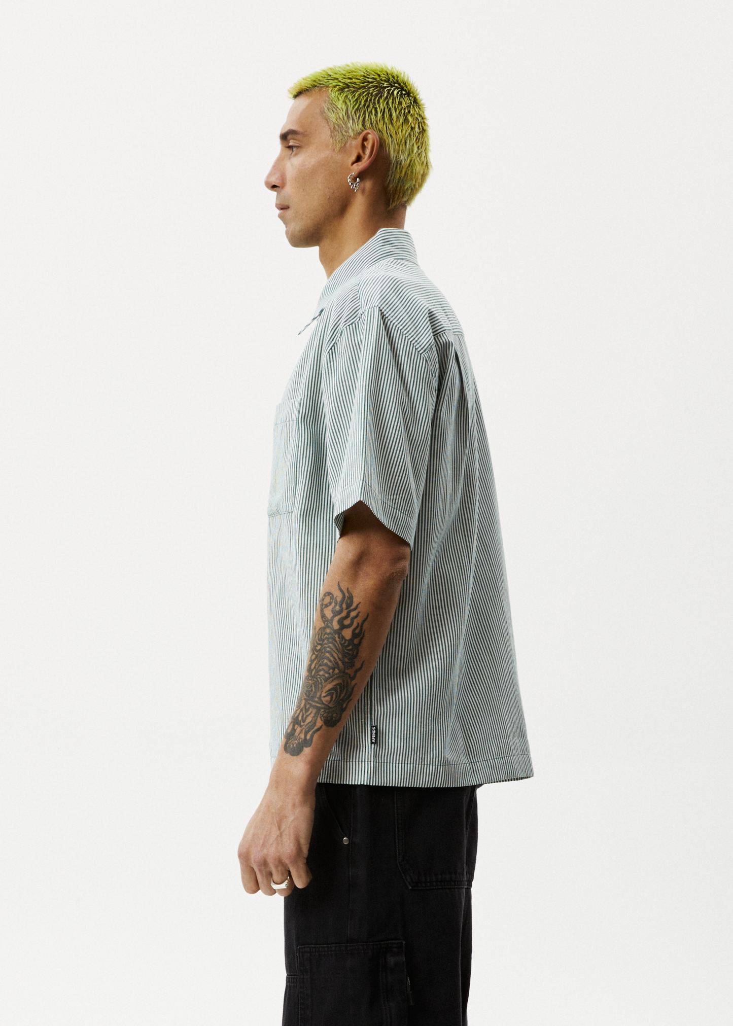 Afends Mens Intergalactic - Short Sleeve Shirt - Emerald Stripe 