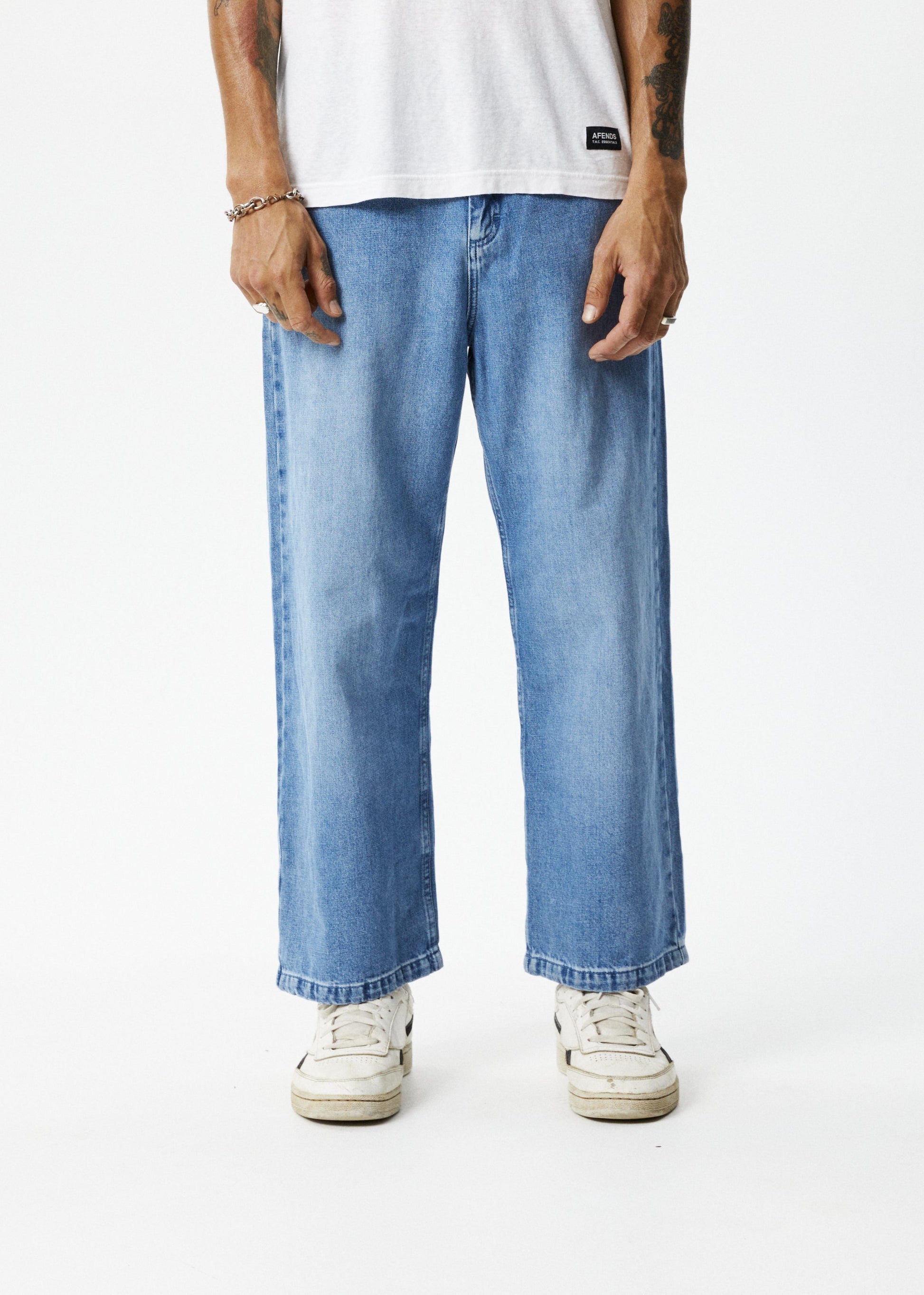 Afends Mens Pablo - Hemp Denim Baggy Jeans - Worn Blue 