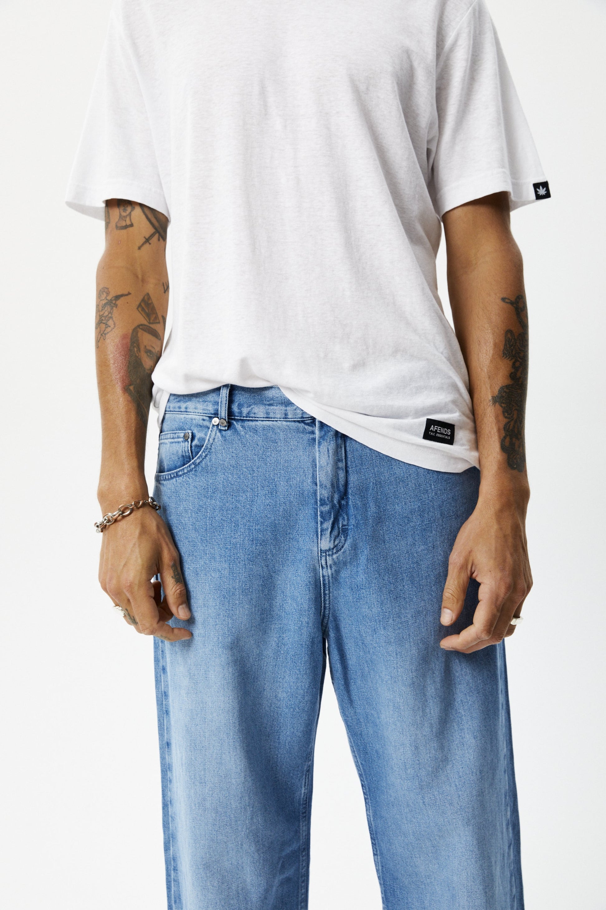 Afends Mens Pablo - Hemp Denim Baggy Jeans - Worn Blue 