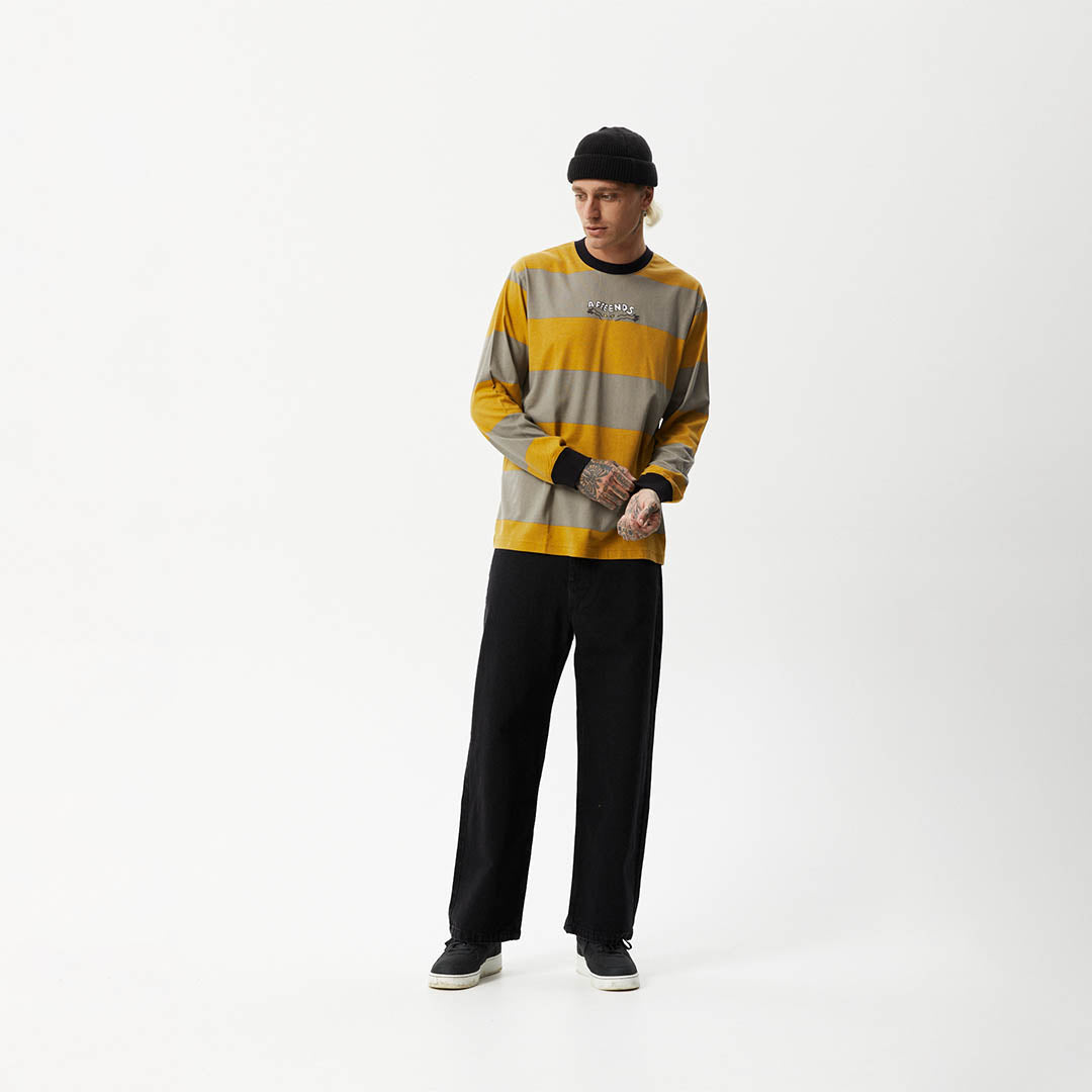 Afends Mens Space - Striped Long Sleeve Logo T-Shirt - Mustard Stripe M232063-MSR-XS