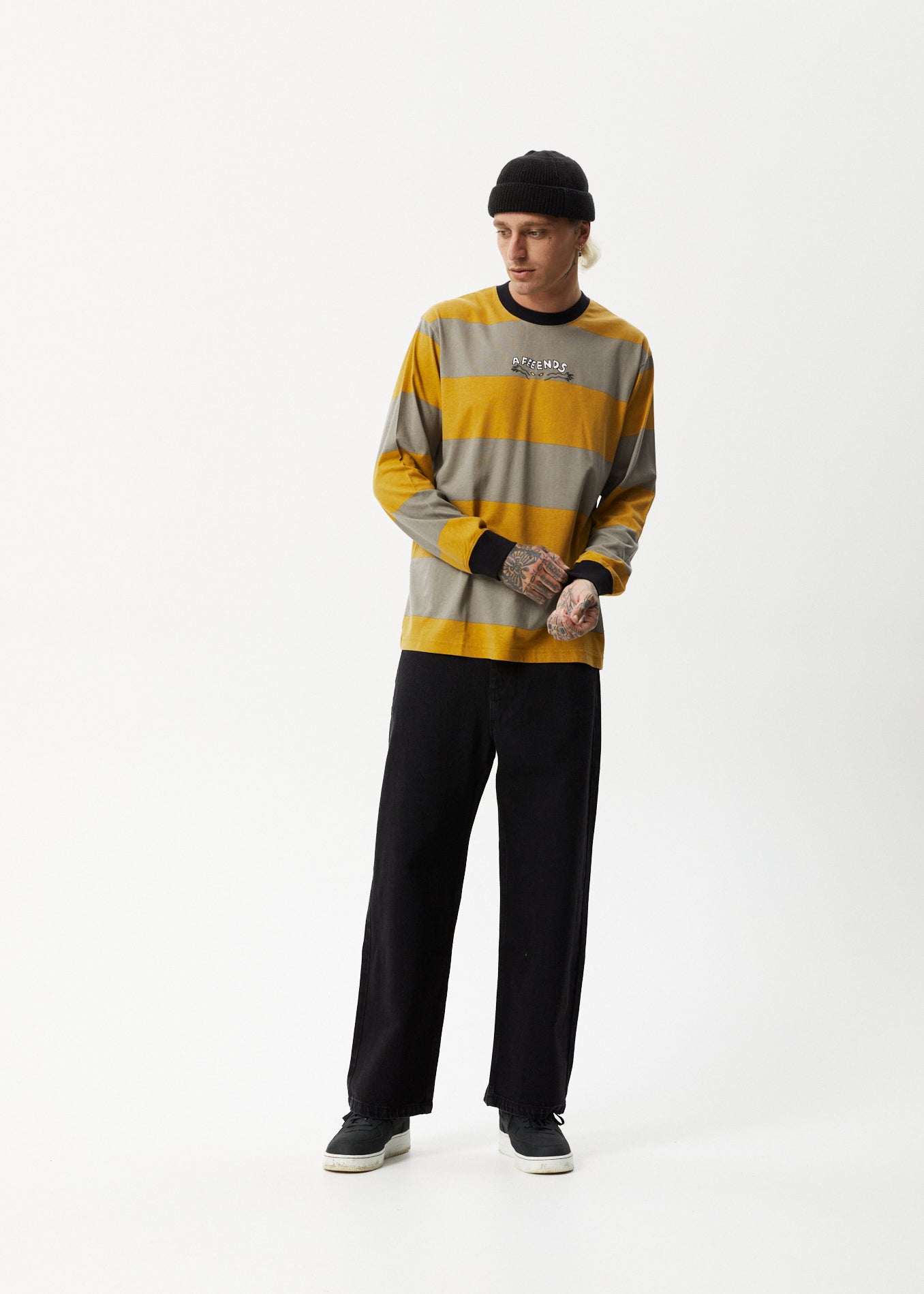 Afends Mens Space - Striped Long Sleeve Logo T-Shirt - Mustard Stripe 