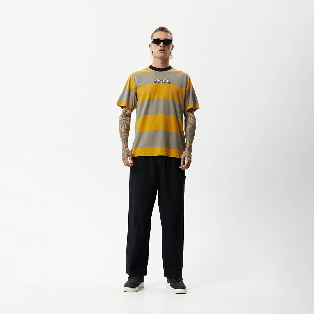 Afends Mens Space - Stripes Retro Logo T-Shirt - Mustard Stripe - Sustainable Clothing - Streetwear