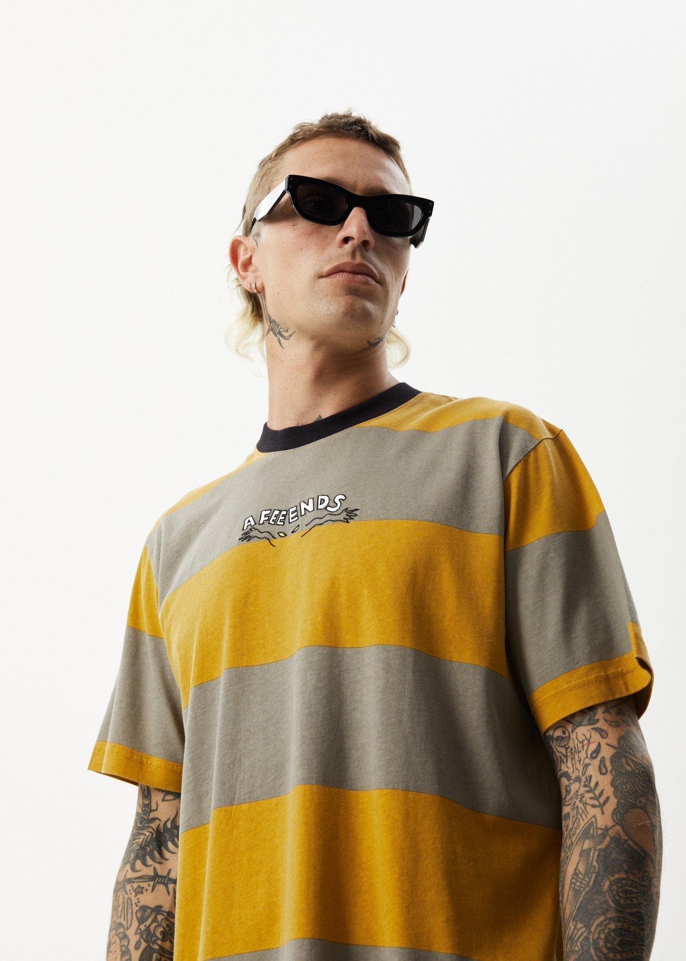 Afends Mens Space - Stripes Retro Logo T-Shirt - Mustard Stripe - Sustainable Clothing - Streetwear