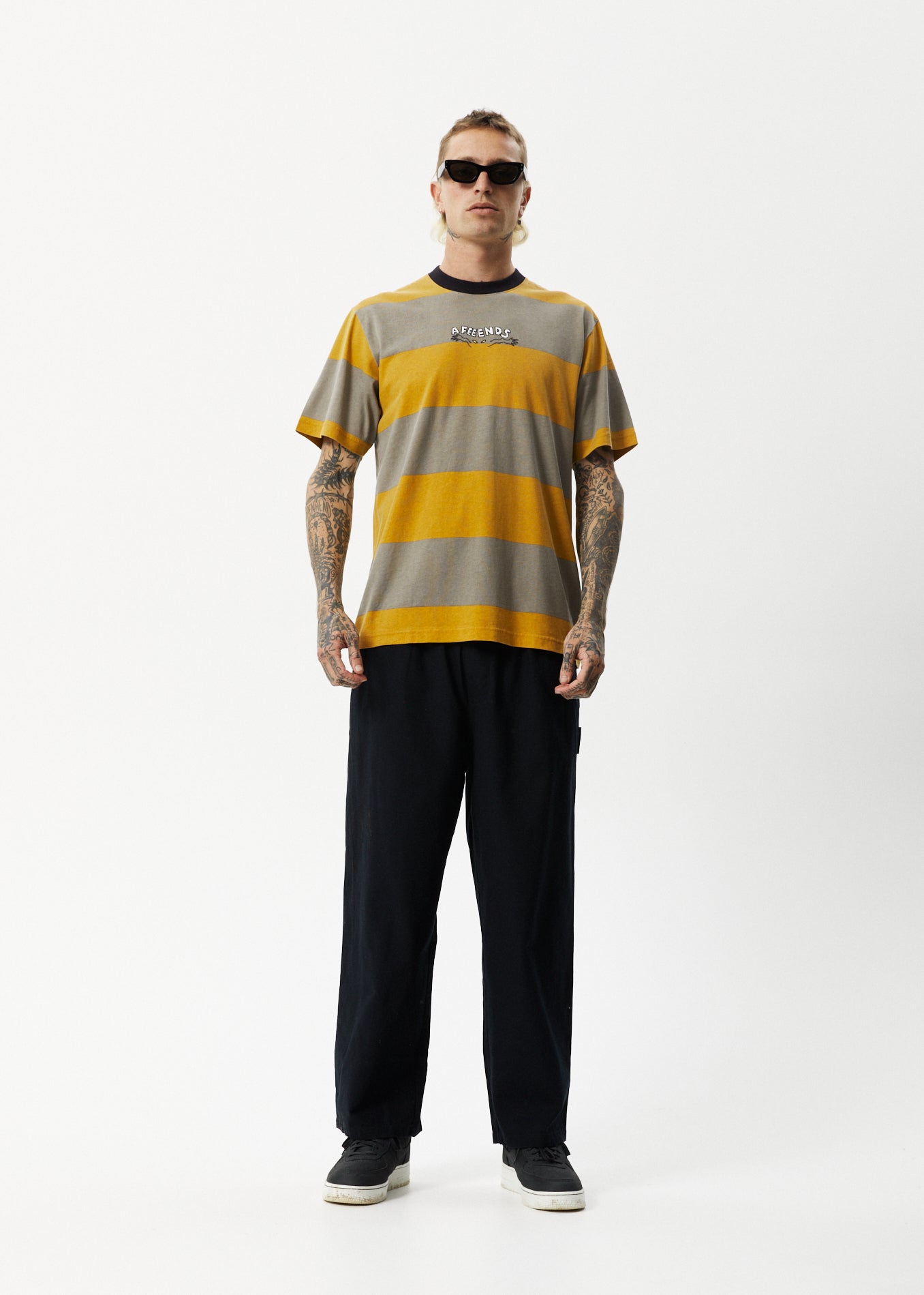 Afends Mens Space - Stripes Retro Logo T-Shirt - Mustard Stripe - Sustainable Clothing - Streetwear