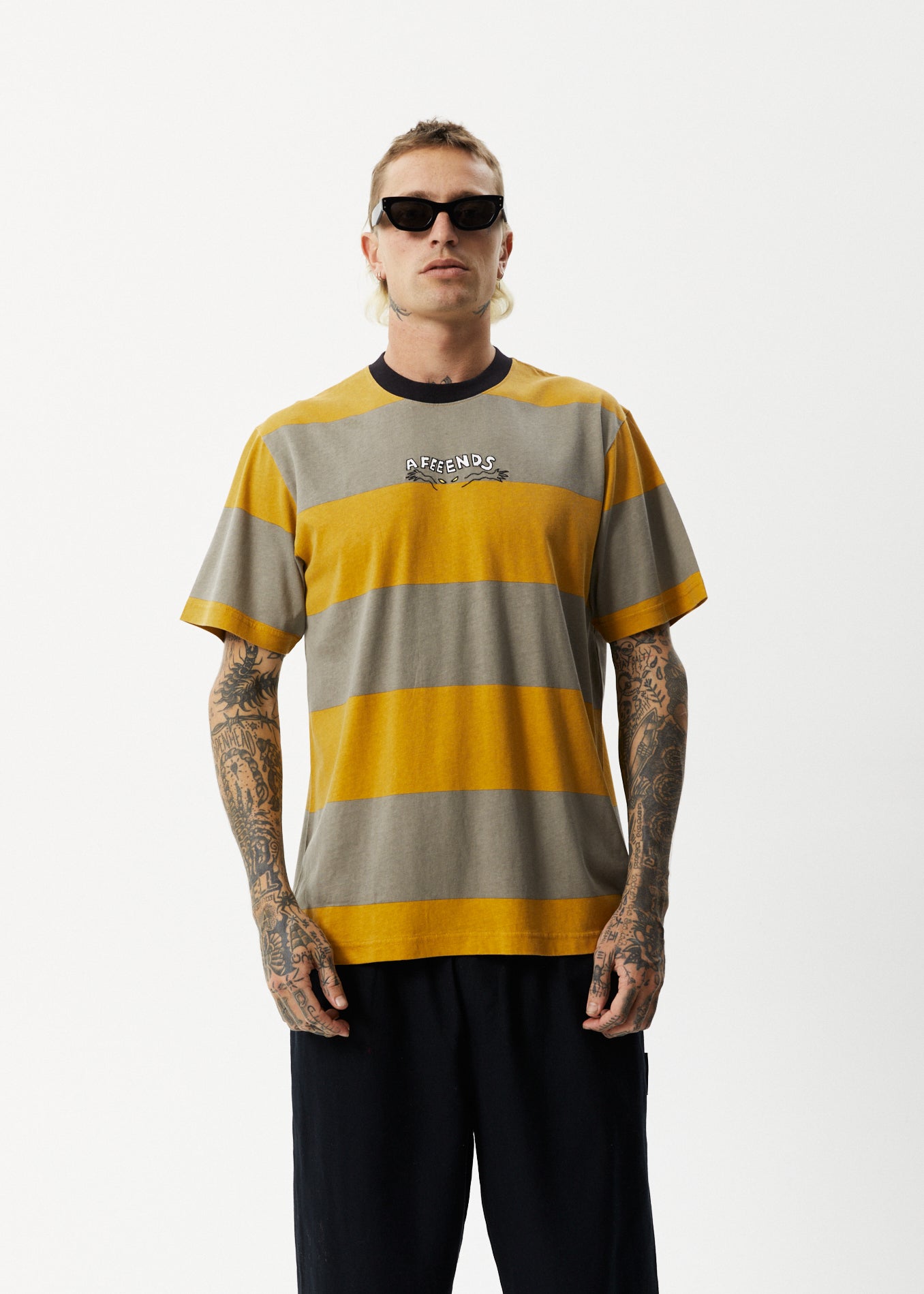 Afends Mens Space - Stripes Retro Logo T-Shirt - Mustard Stripe - Sustainable Clothing - Streetwear