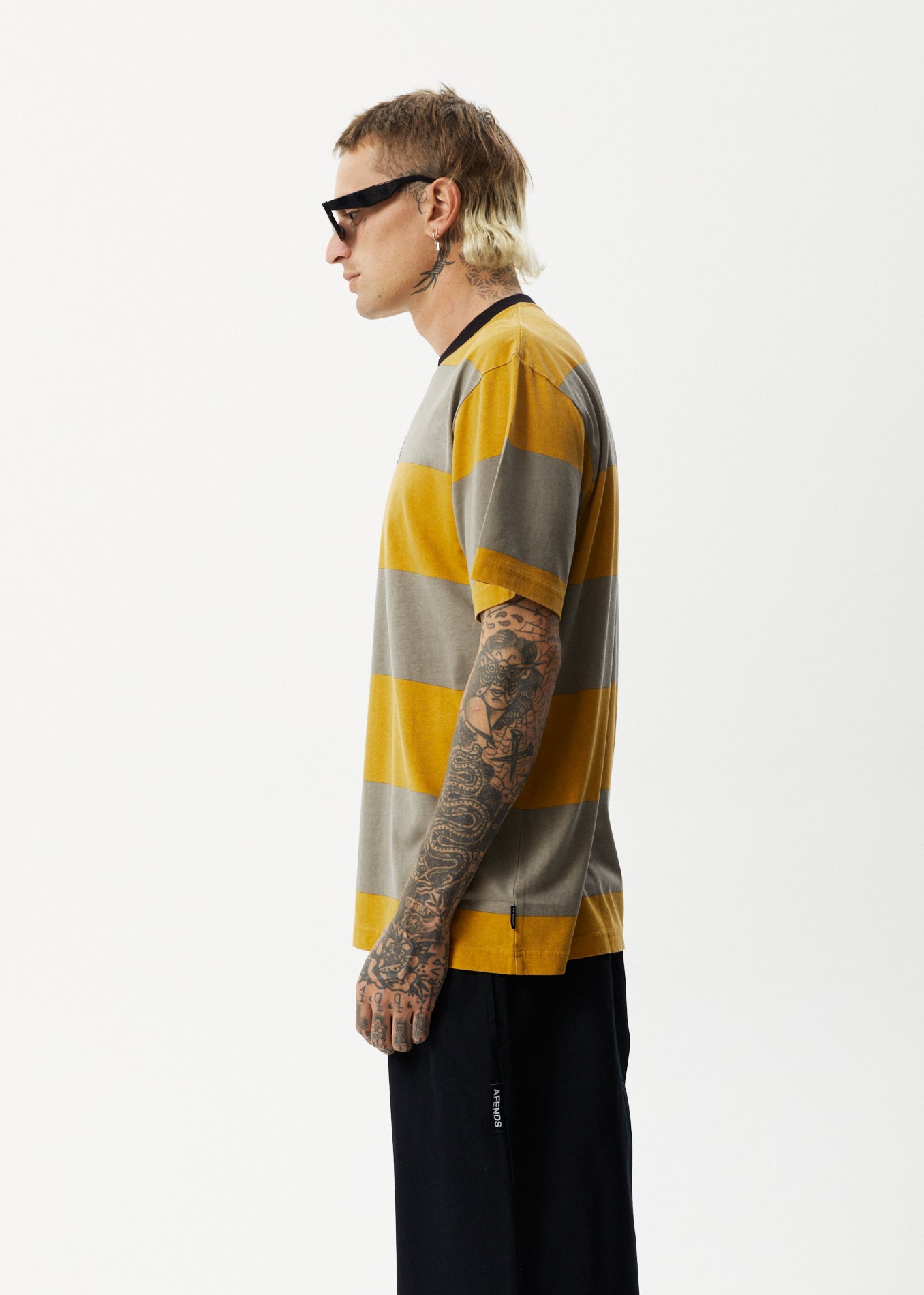 Afends Mens Space - Stripes Retro Logo T-Shirt - Mustard Stripe - Sustainable Clothing - Streetwear