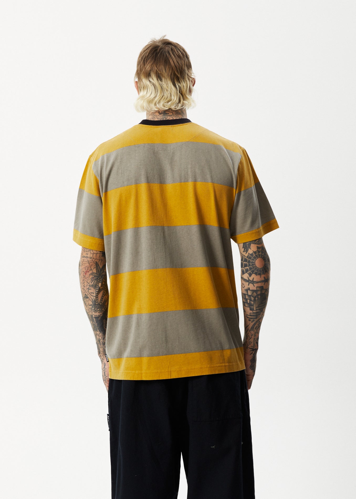 Afends Mens Space - Stripes Retro Logo T-Shirt - Mustard Stripe - Sustainable Clothing - Streetwear