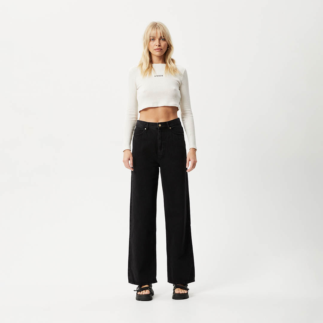 Afends Womens Ari - Waffle Long Sleeve Cropped Top - Off White W232060-OFW-XS