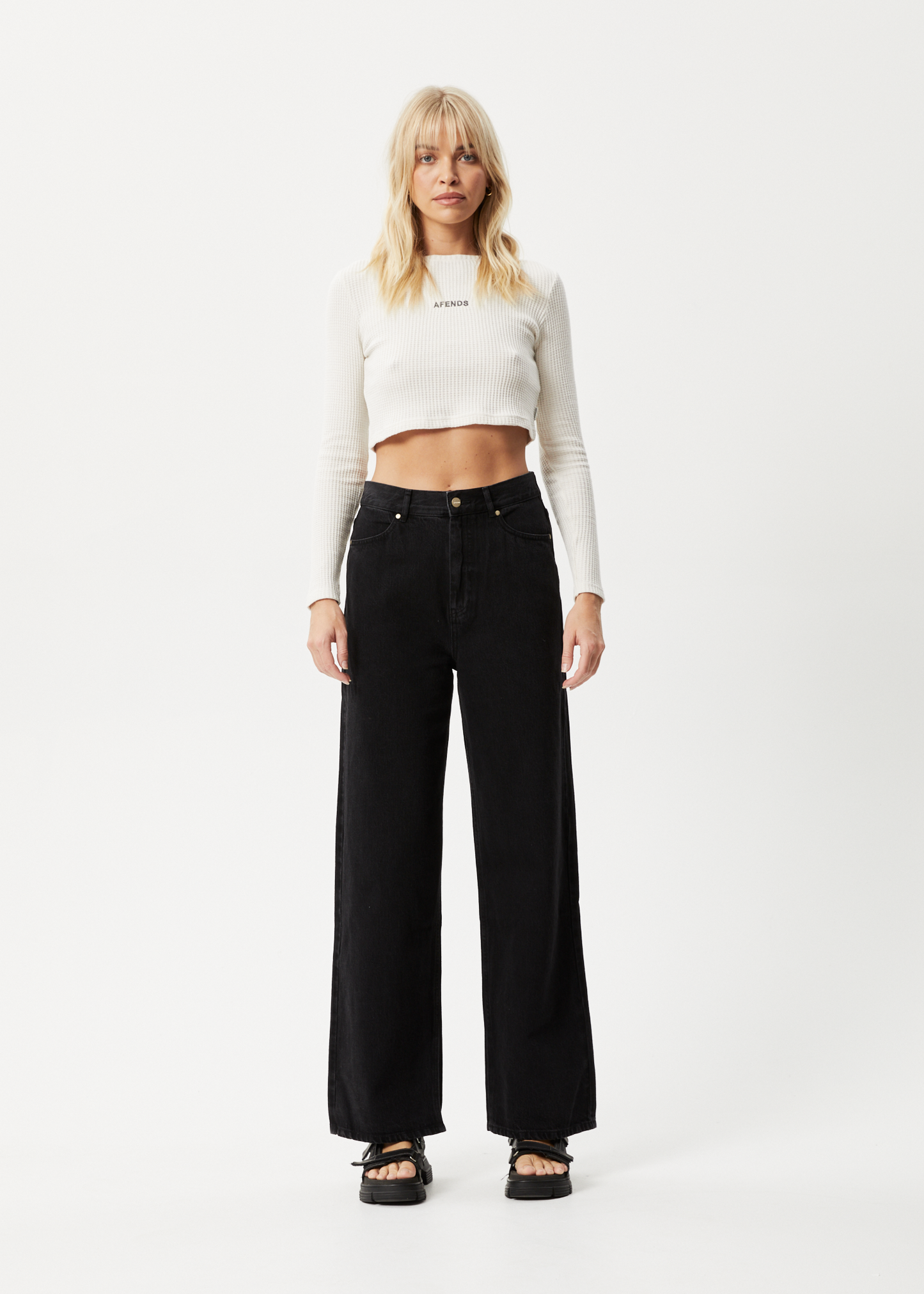 Afends Womens Ari - Waffle Long Sleeve Cropped Top - Off White 