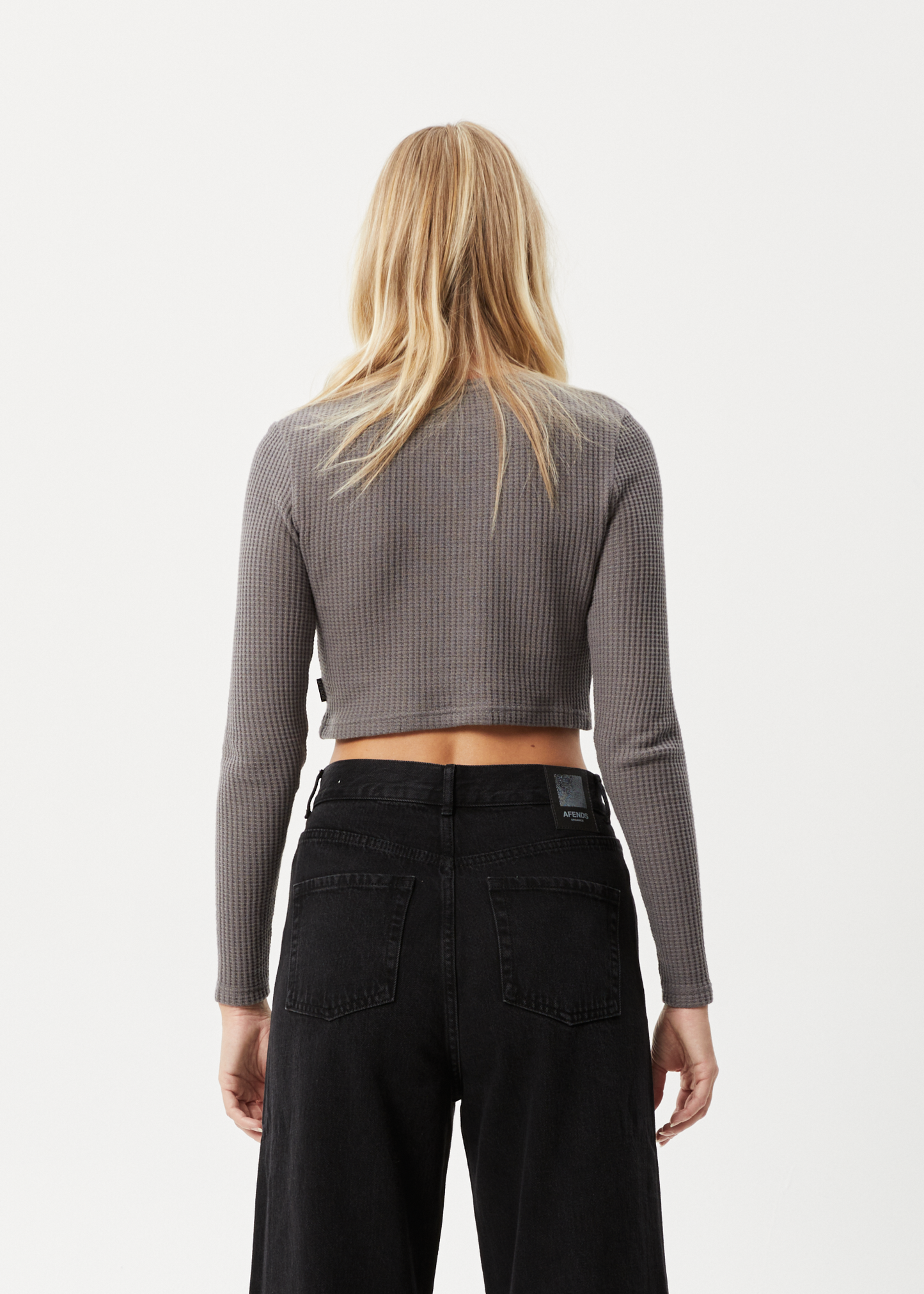 Afends Womens Ari - Waffle Long Sleeve Cropped Top - Steel 