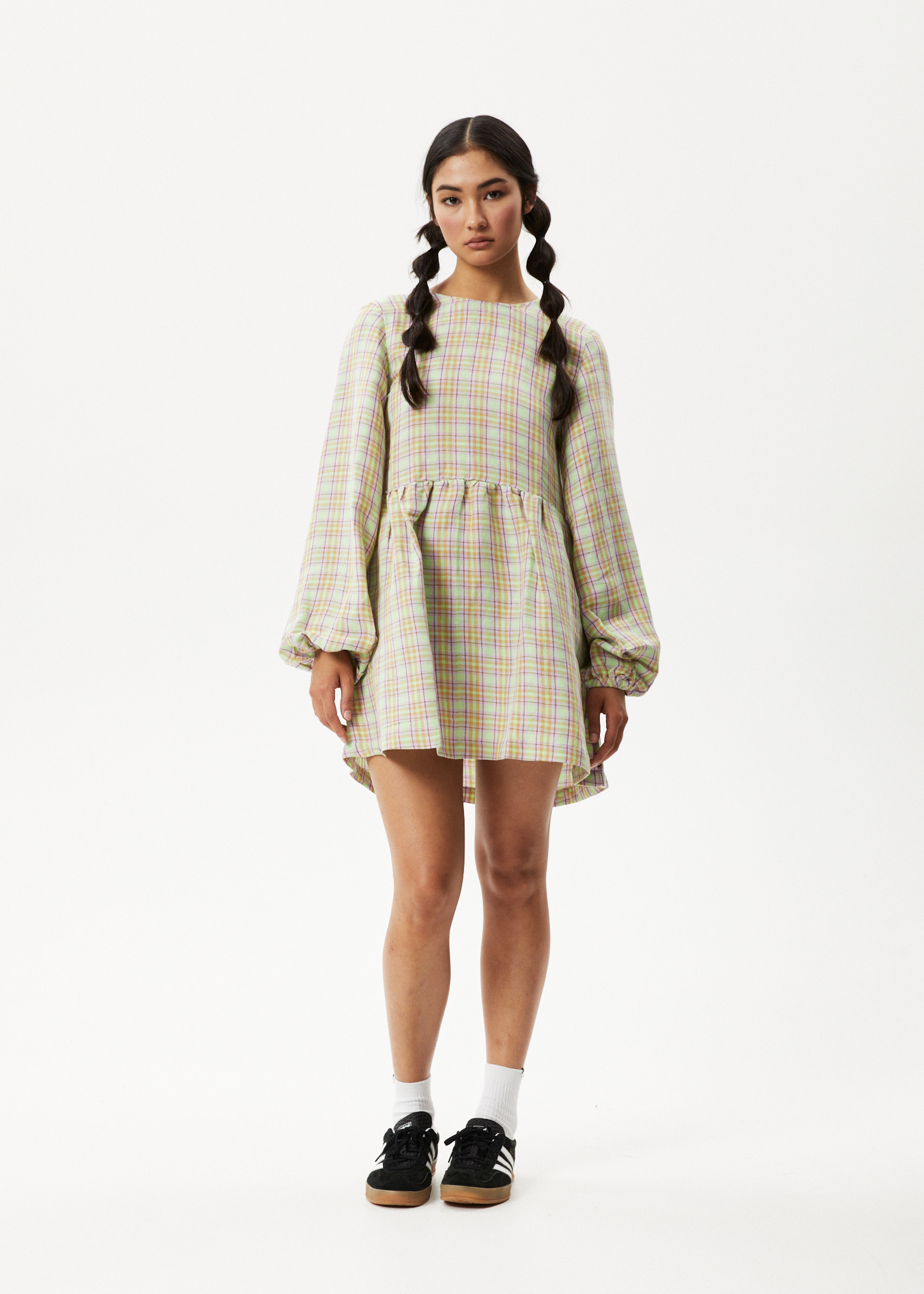 Afends Womens Kali - Long Sleeve Mini Dress - Pistachio Check 