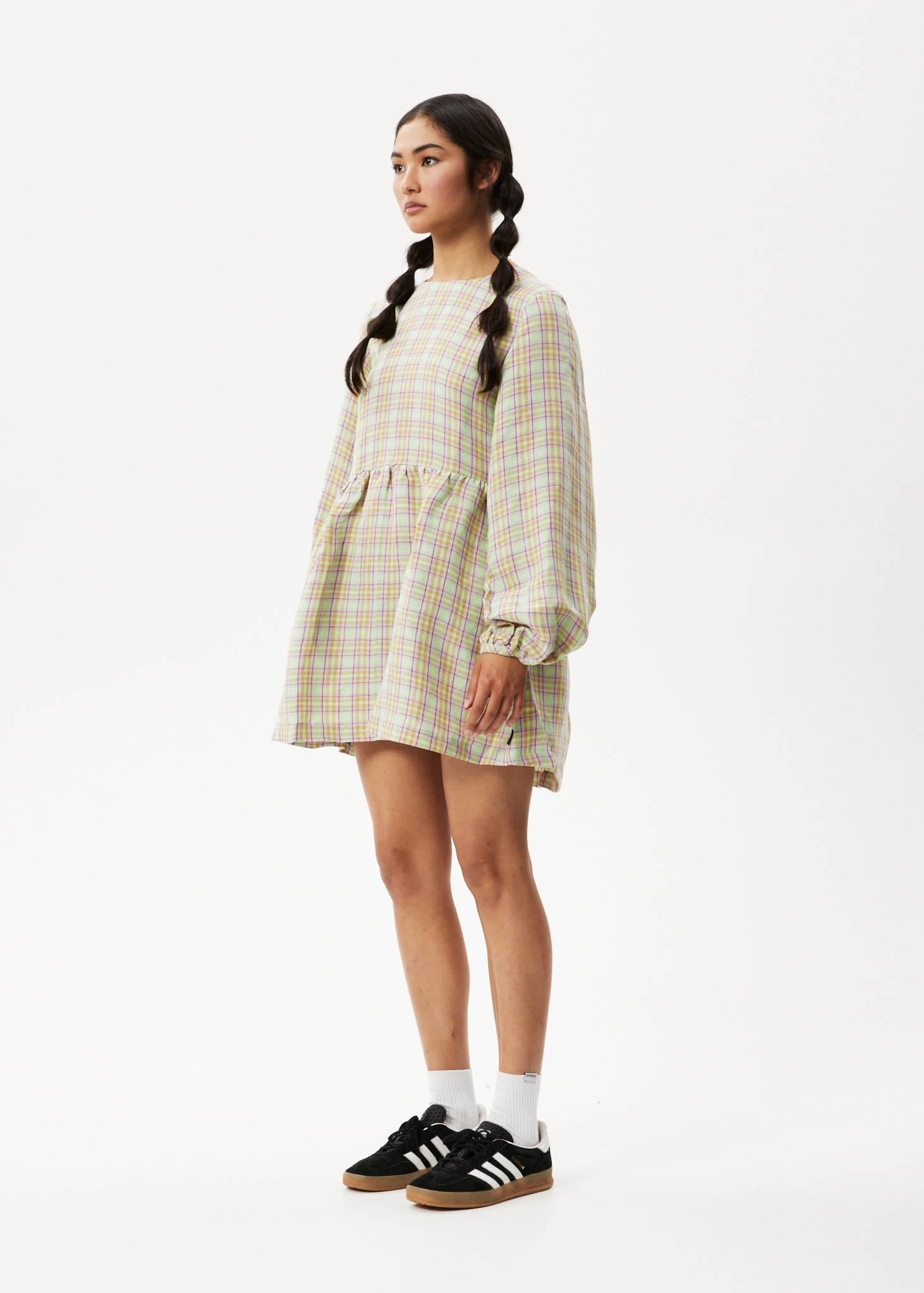 Afends Womens Kali - Long Sleeve Mini Dress - Pistachio Check 