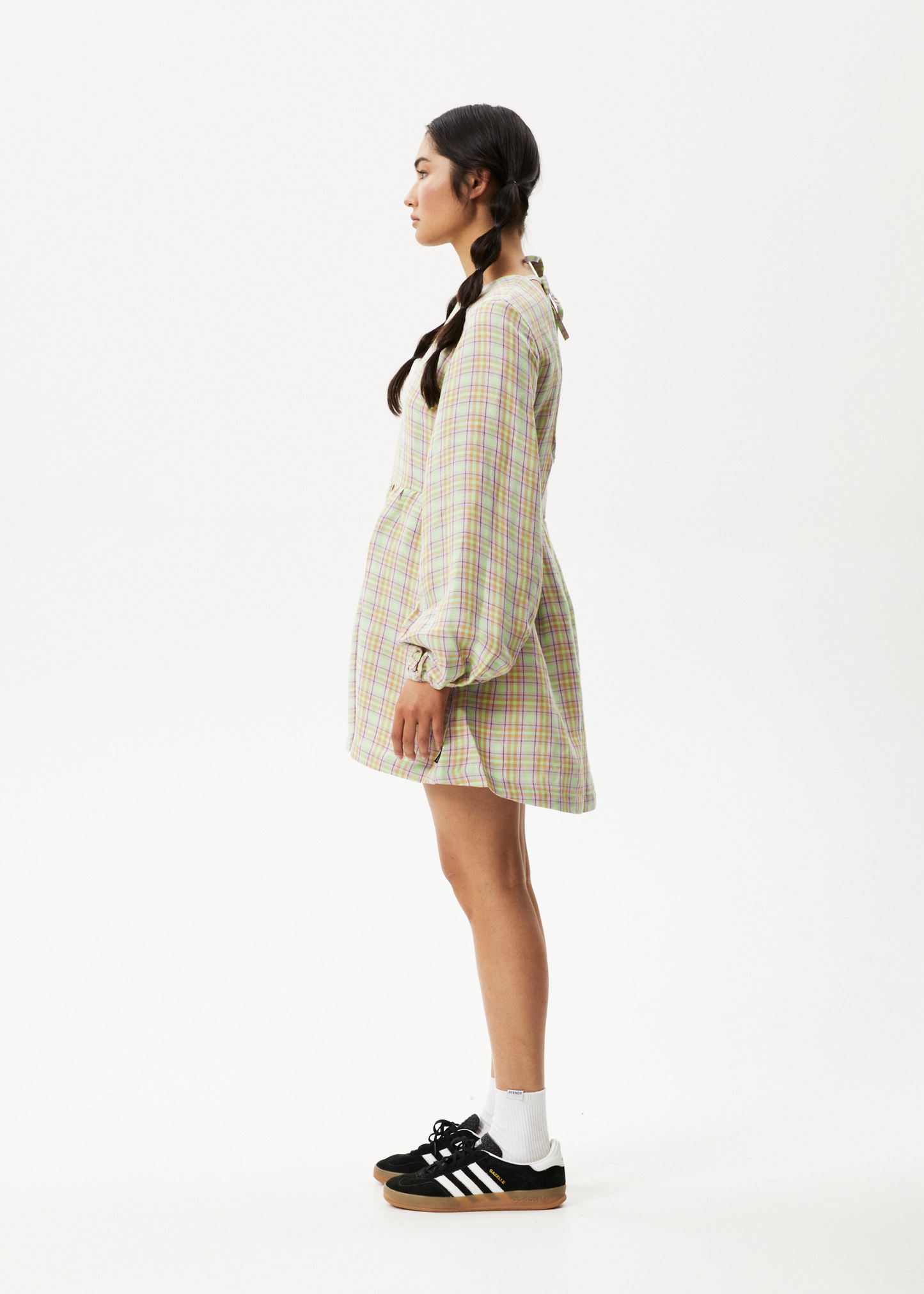 Afends Womens Kali - Long Sleeve Mini Dress - Pistachio Check 