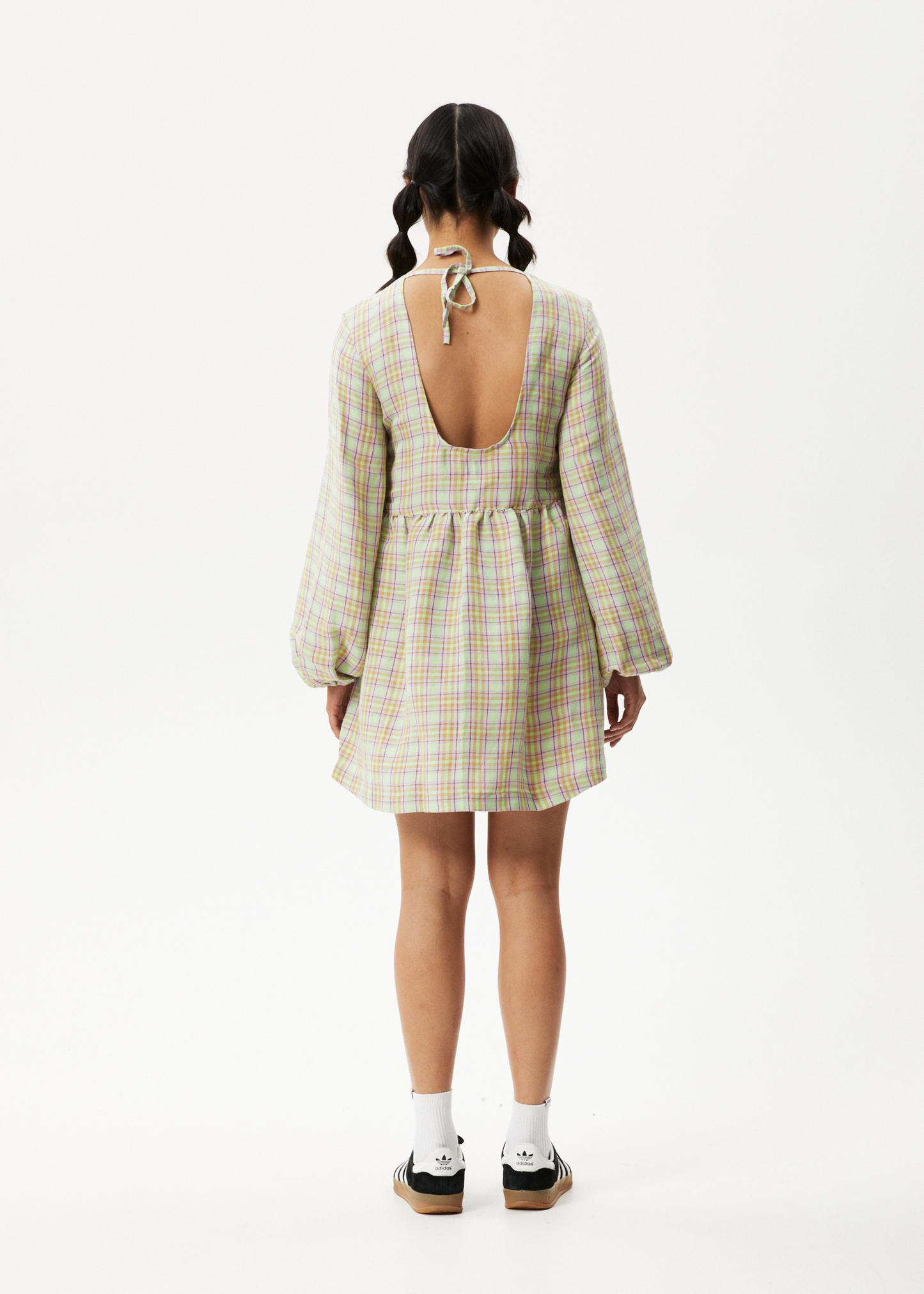 Afends Womens Kali - Long Sleeve Mini Dress - Pistachio Check 