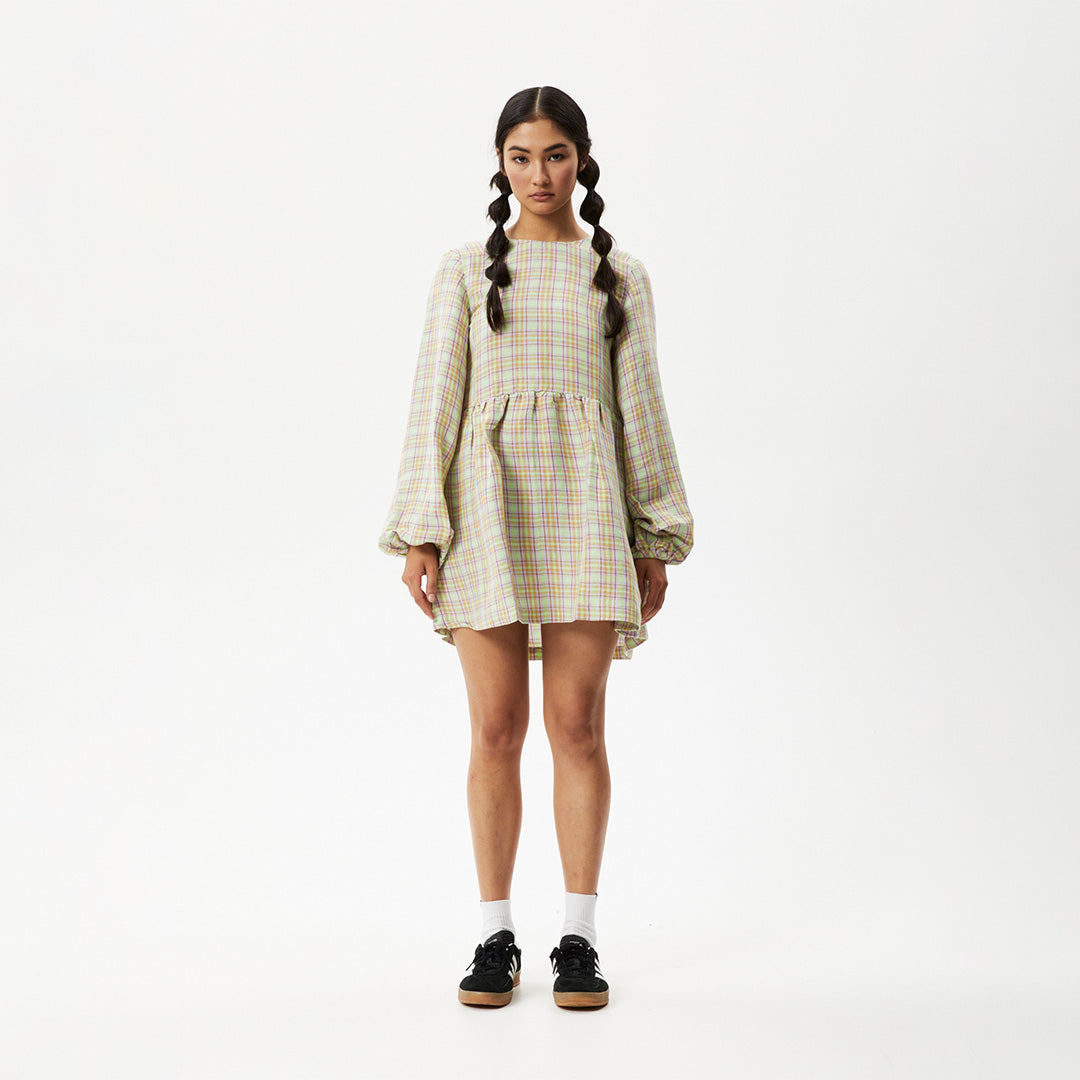 Afends Womens Kali - Long Sleeve Mini Dress - Pistachio Check W233803-PTC-XS