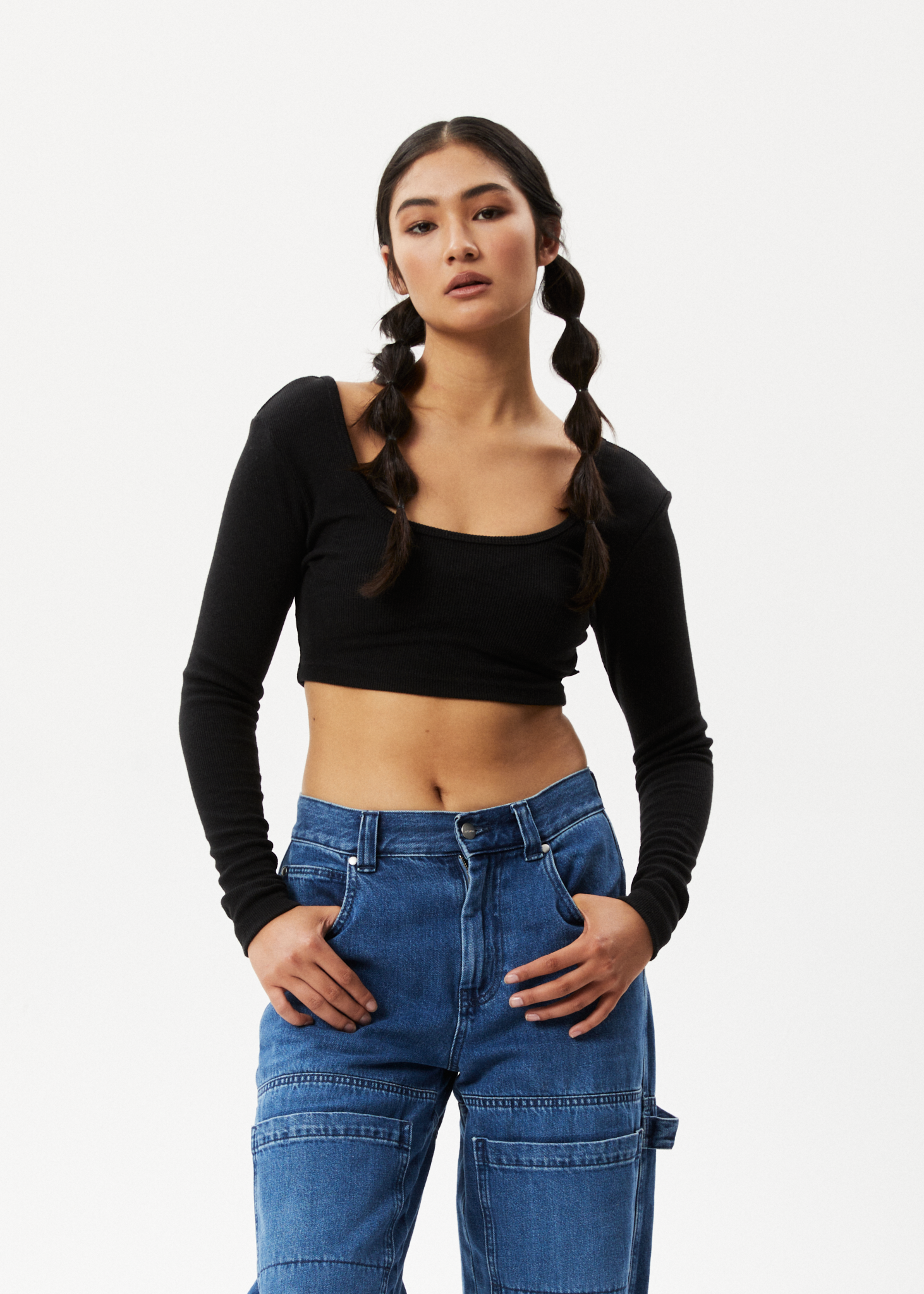 Afends Womens Milla - Hemp Ribbed Long Sleeve Cropped Top - Black 