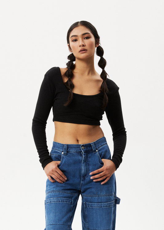 Afends Womens Milla - Hemp Ribbed Long Sleeve Cropped Top - Black 