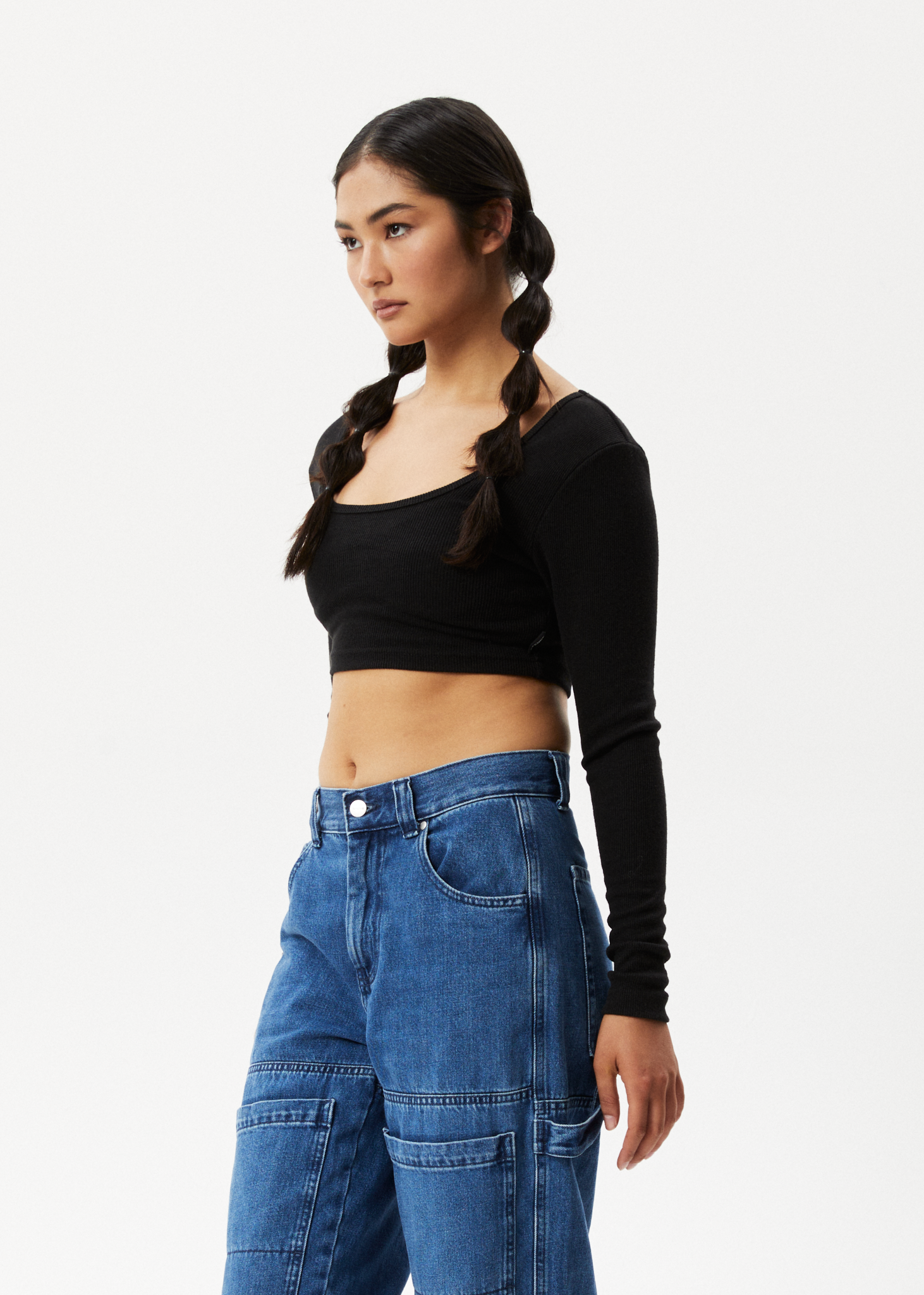 Afends Womens Milla - Hemp Ribbed Long Sleeve Cropped Top - Black 