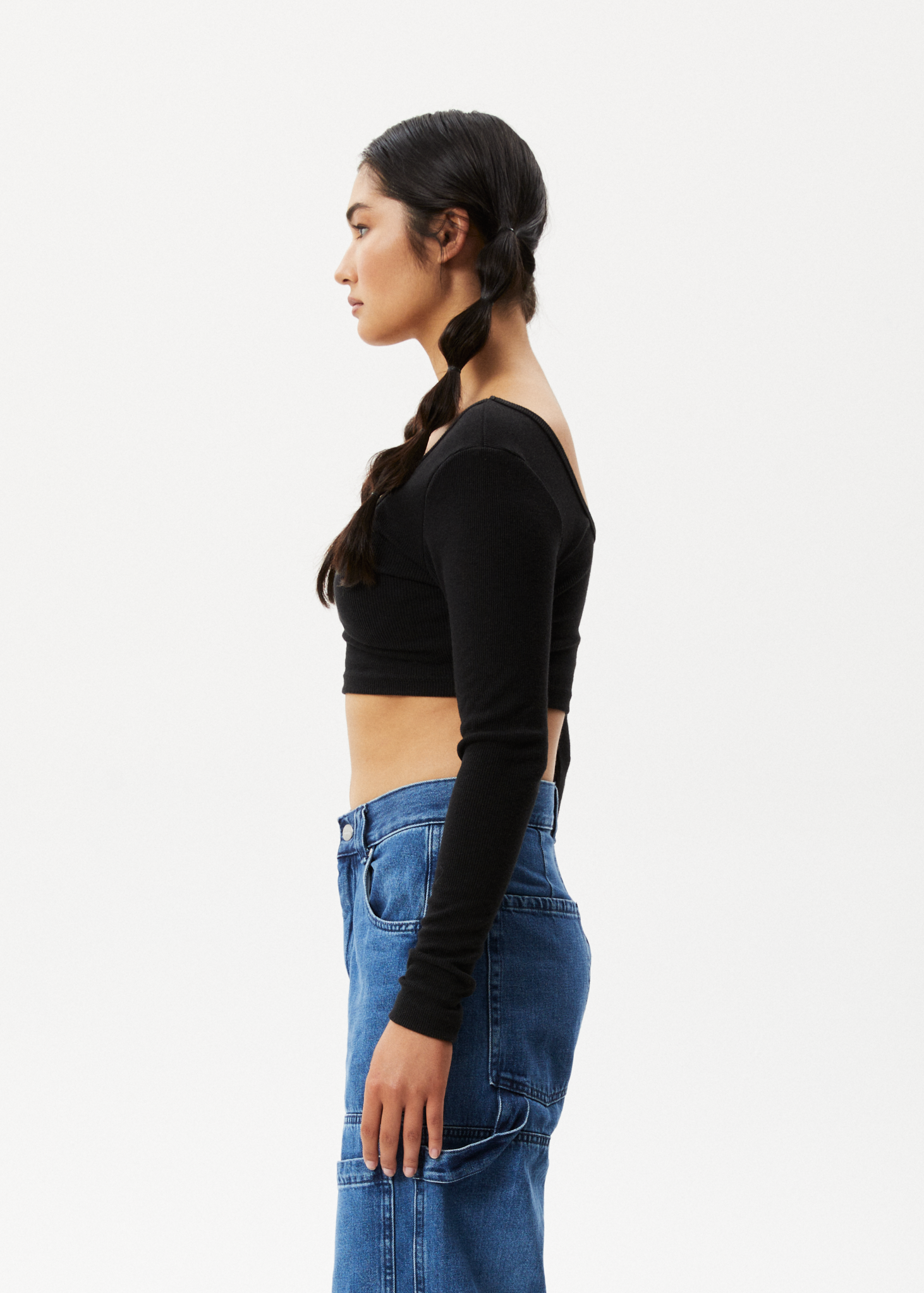 Afends Womens Milla - Hemp Ribbed Long Sleeve Cropped Top - Black 