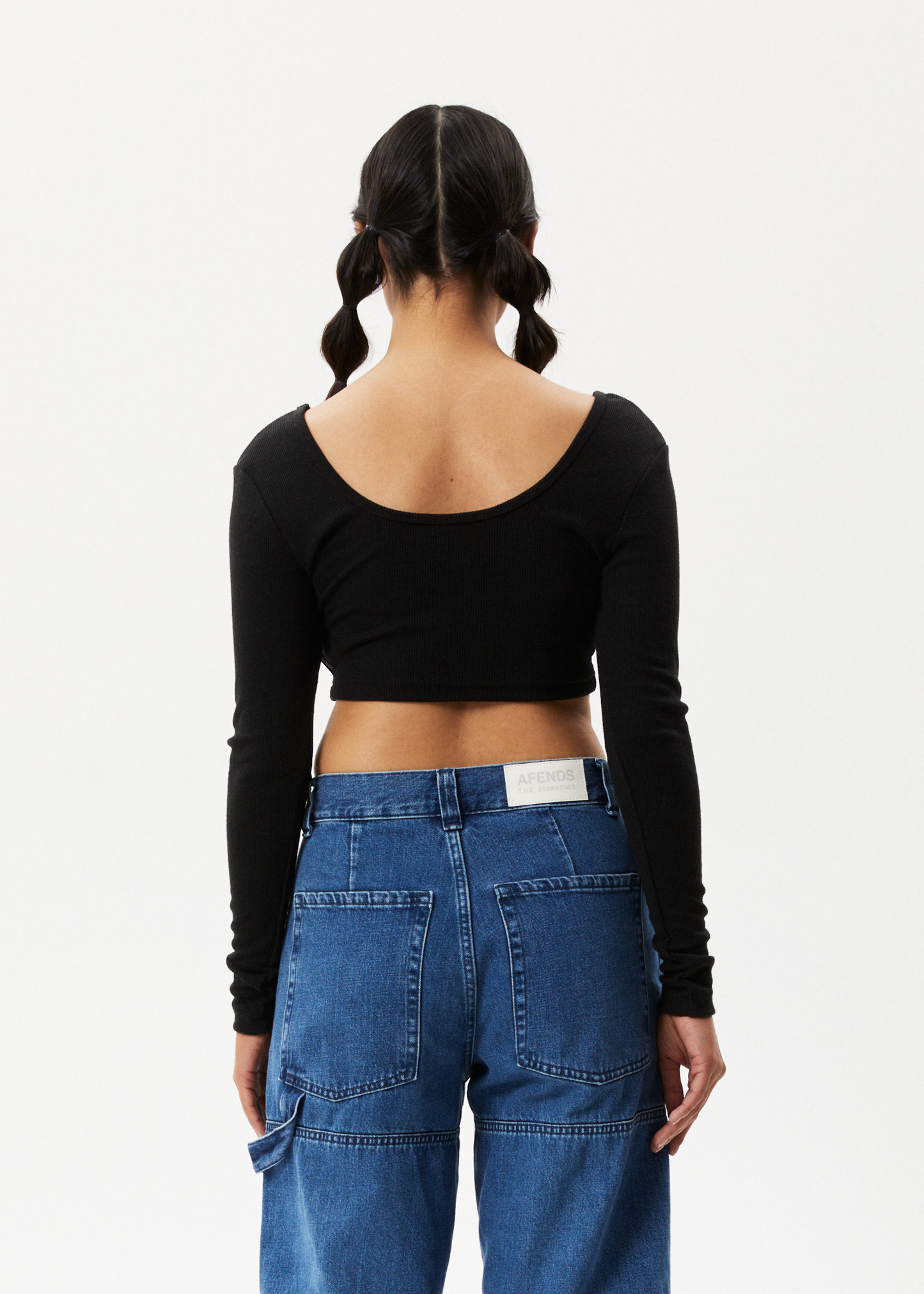 Afends Womens Milla - Hemp Ribbed Long Sleeve Cropped Top - Black 