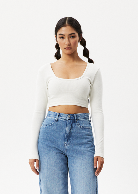 Afends Womens Milla - Hemp Ribbed Long Sleeve Cropped Top - Off White 