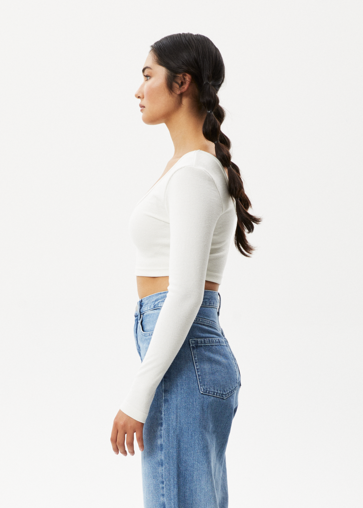 Afends Womens Milla - Hemp Ribbed Long Sleeve Cropped Top - Off White 