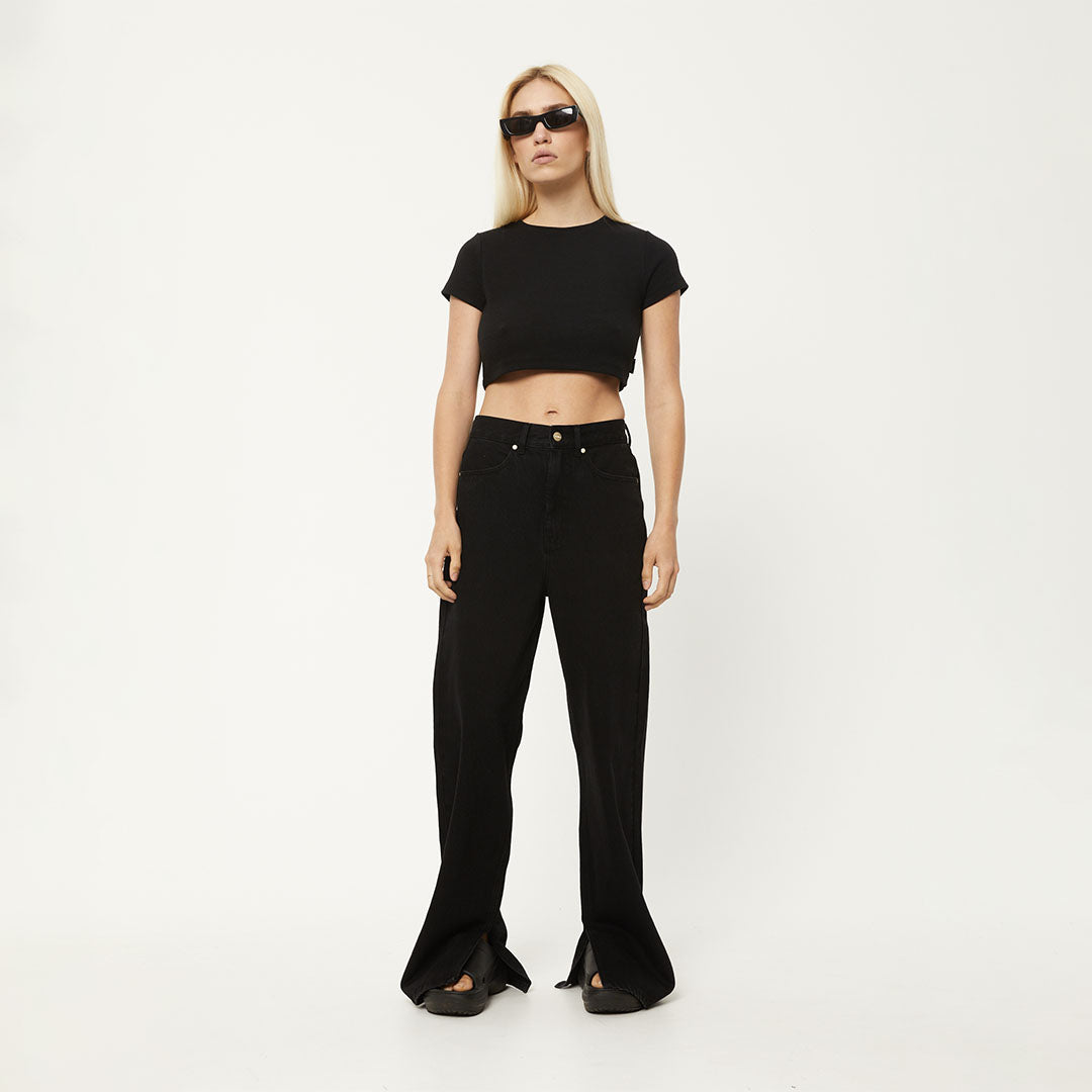 Afends Womens Abbie - Hemp Ribbed Cropped T-Shirt - Black W220004-BLK-XS