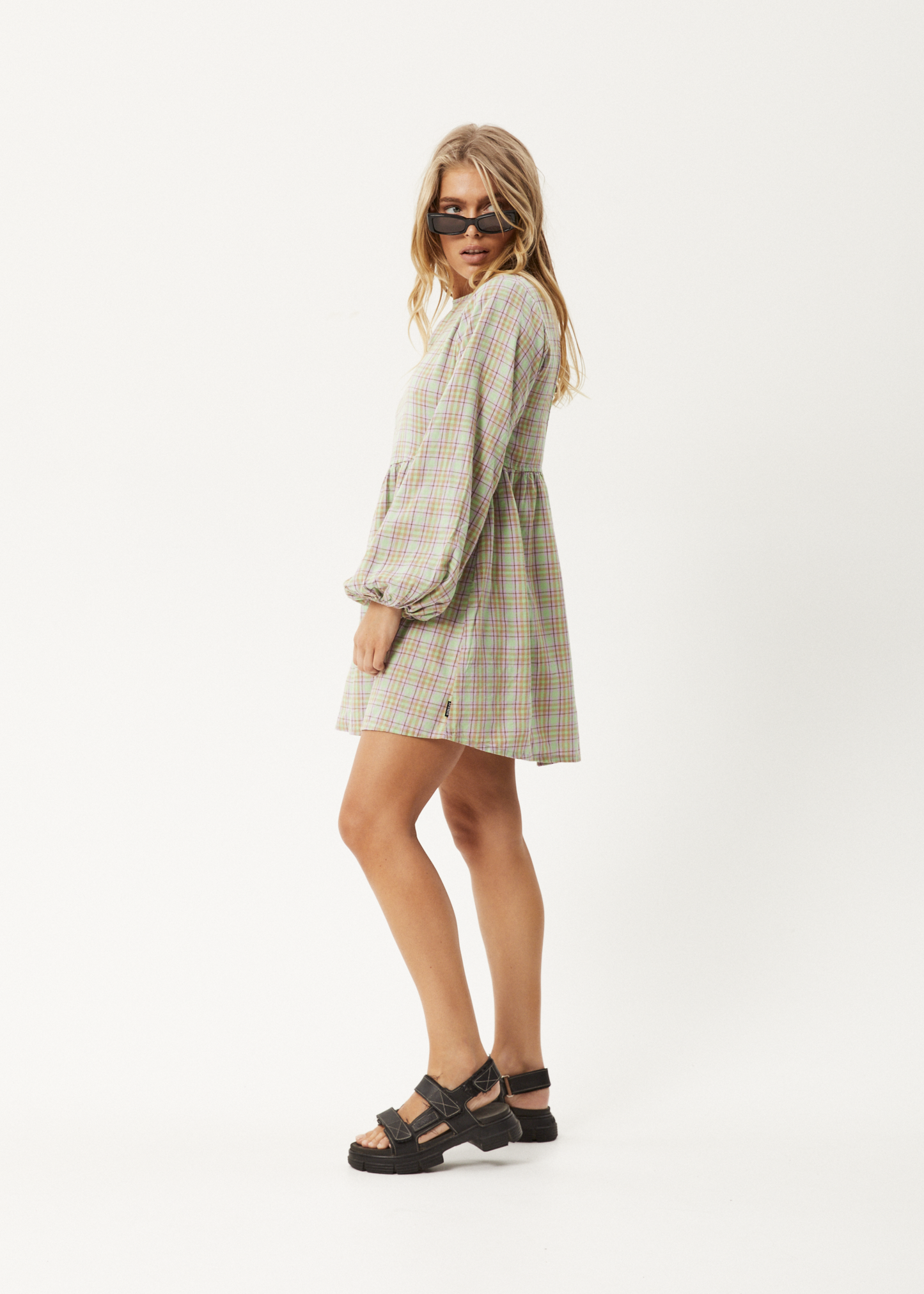 Afends Womens Kali - Long Sleeve Mini Dress - Pistachio Check 