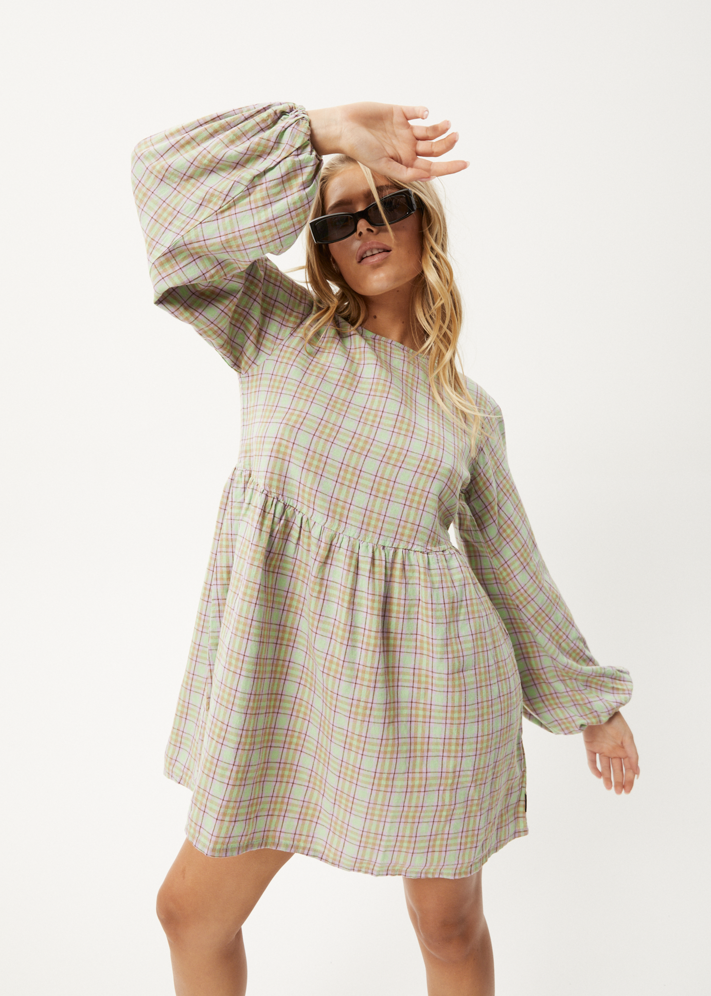 Afends Womens Kali - Long Sleeve Mini Dress - Pistachio Check 