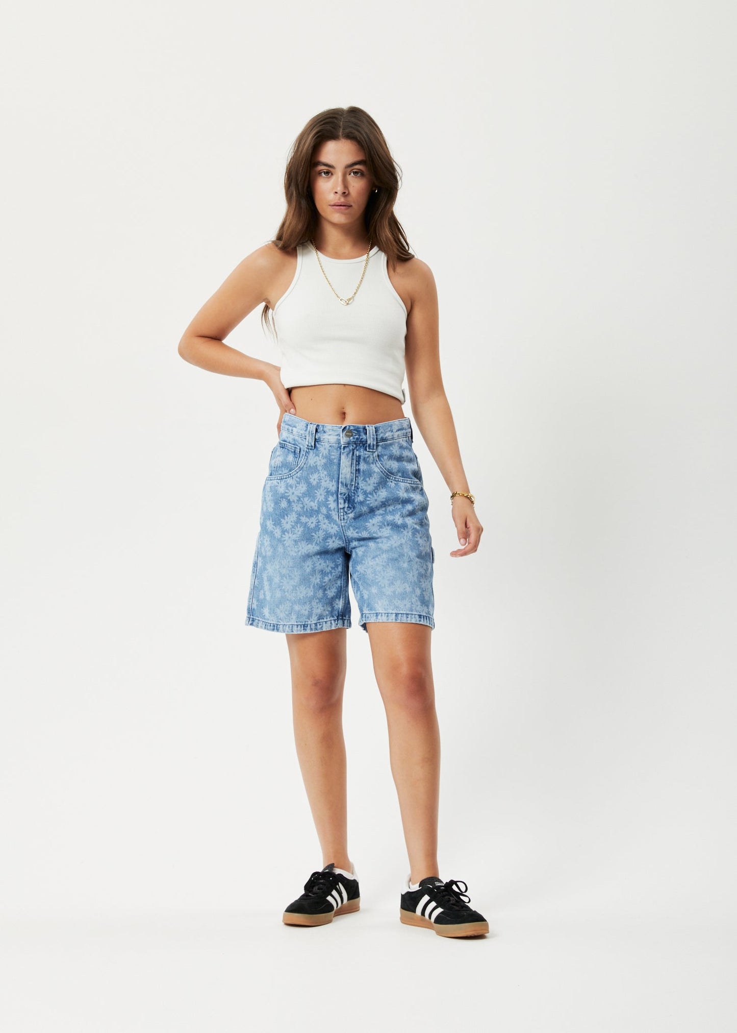 Afends Womens Fink Emilie - Hemp Denim Carpenter Shorts - Worn Blue Daisy 