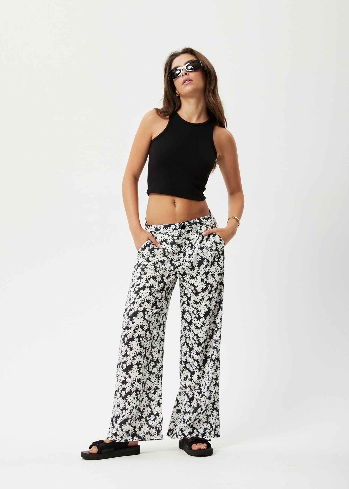 Afends Womens Benny Sienna - Hemp Wide Leg Pants - Black Daisy 