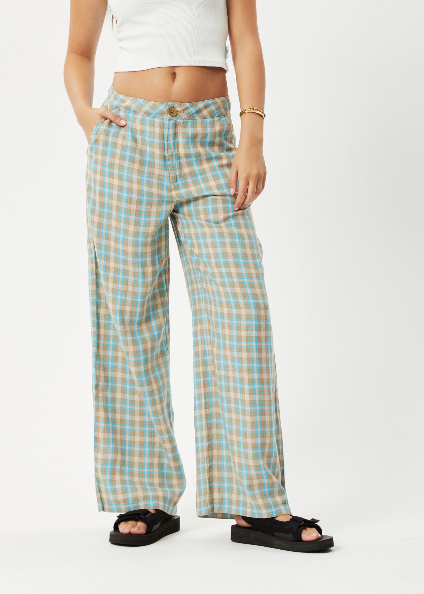 Afends Womens Millie Sienna - Hemp Wide Leg Pants - Tan Check 