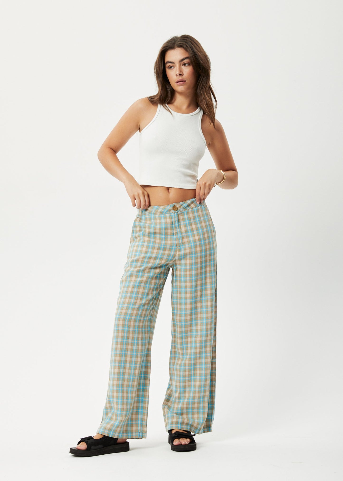 Afends Womens Millie Sienna - Hemp Wide Leg Pants - Tan Check 