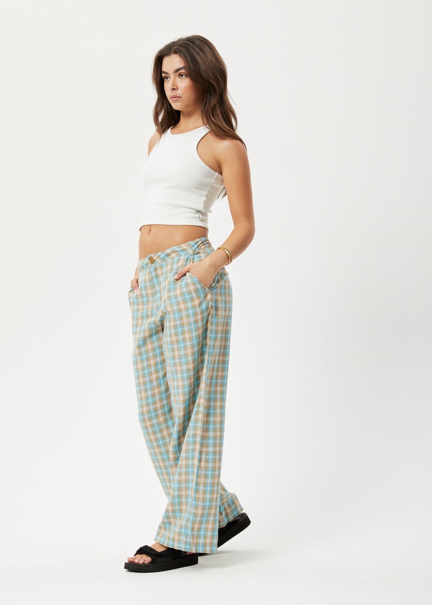 Afends Womens Millie Sienna - Hemp Wide Leg Pants - Tan Check 