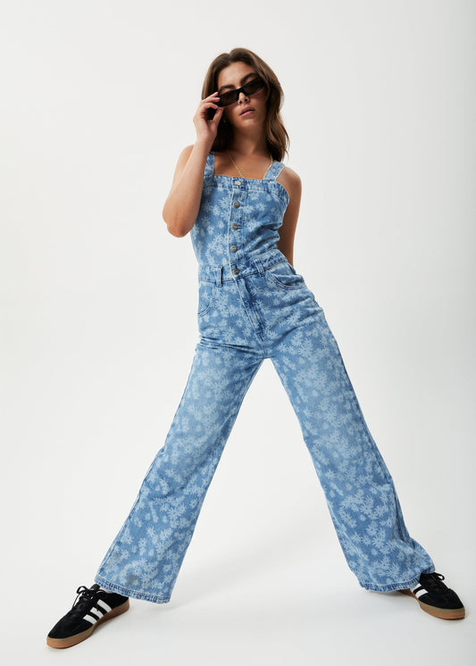 Afends Womens Fink Arlo - Hemp Denim Jumpsuit - Worn Blue Daisy 