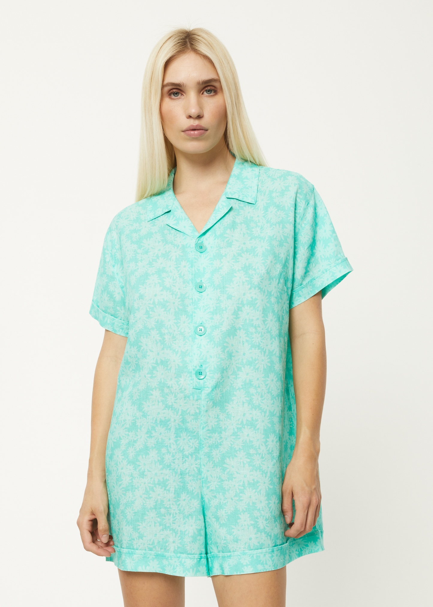 Afends Womens Benny Kokomo - Hemp Playsuit - Jade Daisy 