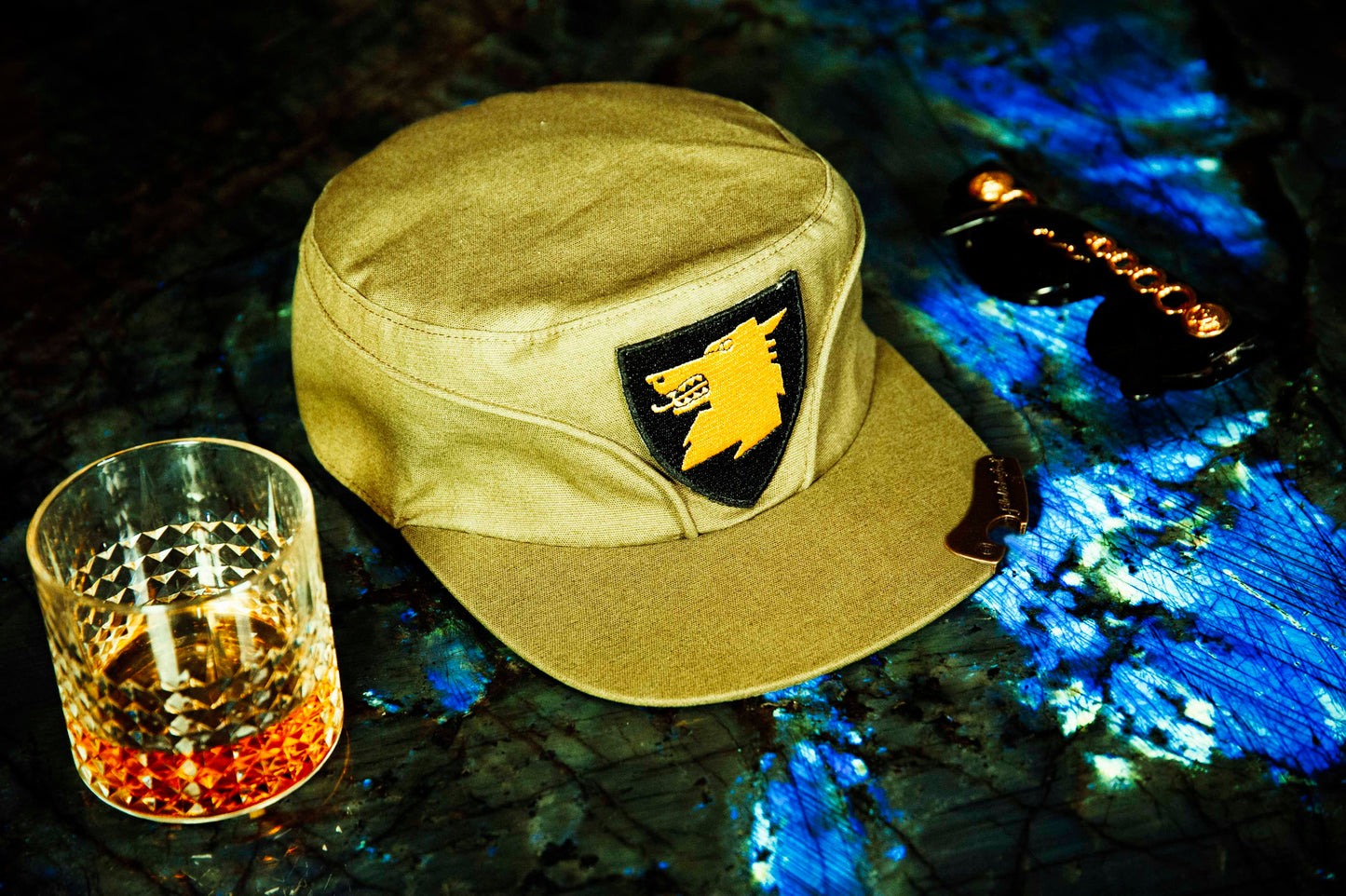 military ca,p bottle opener hat, angus stone, dope lemon