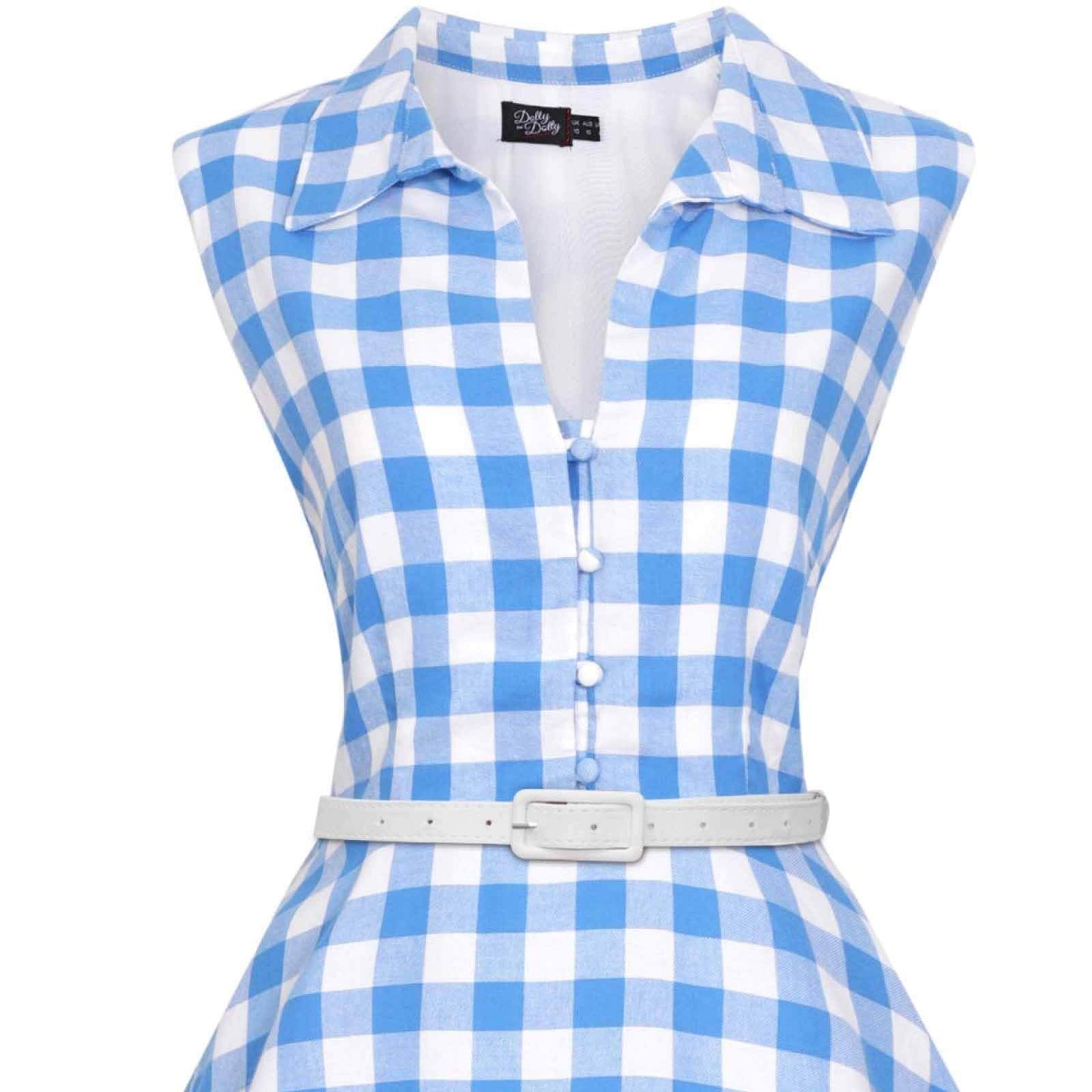 Dolly and Dotty Poppy 50s Shirt Dress - Blue Gingham close up of bodice on invisible mannequin