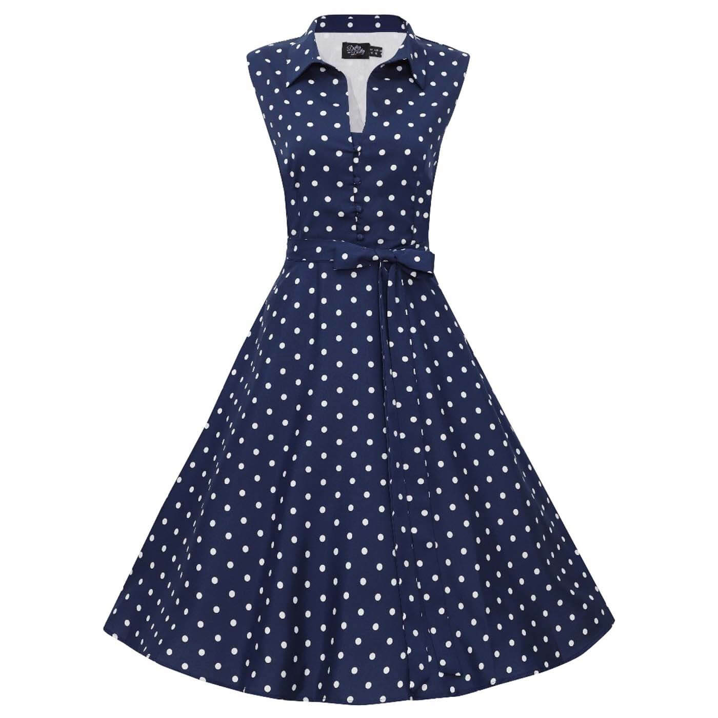 Dolly and Dotty Poppy 50s Shirt Dress - Navy Polka Dot on invisible mannequin front