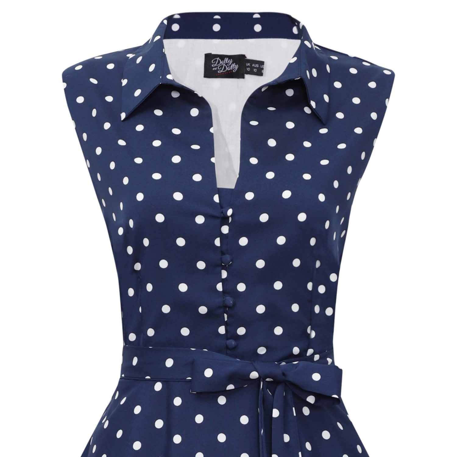 Dolly and Dotty Poppy 50s Shirt Dress - Navy Polka Dot on invisible mannequin close up of bodice